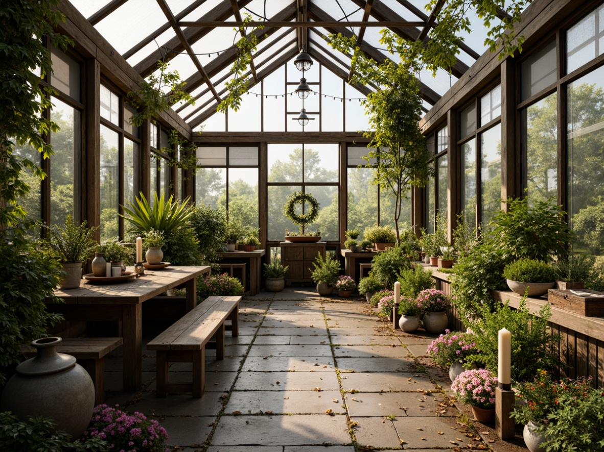 Prompt: Whimsical greenhouse, distressed wooden frames, vintage metal accents, lush green foliage, soft warm lighting, string lights, lanterns, candles, natural stone flooring, moss-covered walls, rustic wooden benches, antique gardening tools, floral patterns, pastel color palette, warm sunny day, gentle breeze, shallow depth of field, 1/1 composition, intimate atmosphere, realistic textures, ambient occlusion.