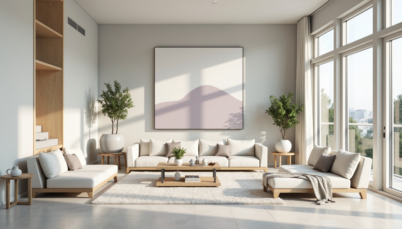 Prompt: Soft light gray walls, creamy white accents, warm beige furniture, natural wood tones, calming blue-green hues, pale lavender undertones, subtle silver metallic highlights, elegant minimalist decor, airy open spaces, abundant natural lighting, gentle shadows, soft focus, 1/1 composition, serene atmosphere, realistic textures, ambient occlusion.