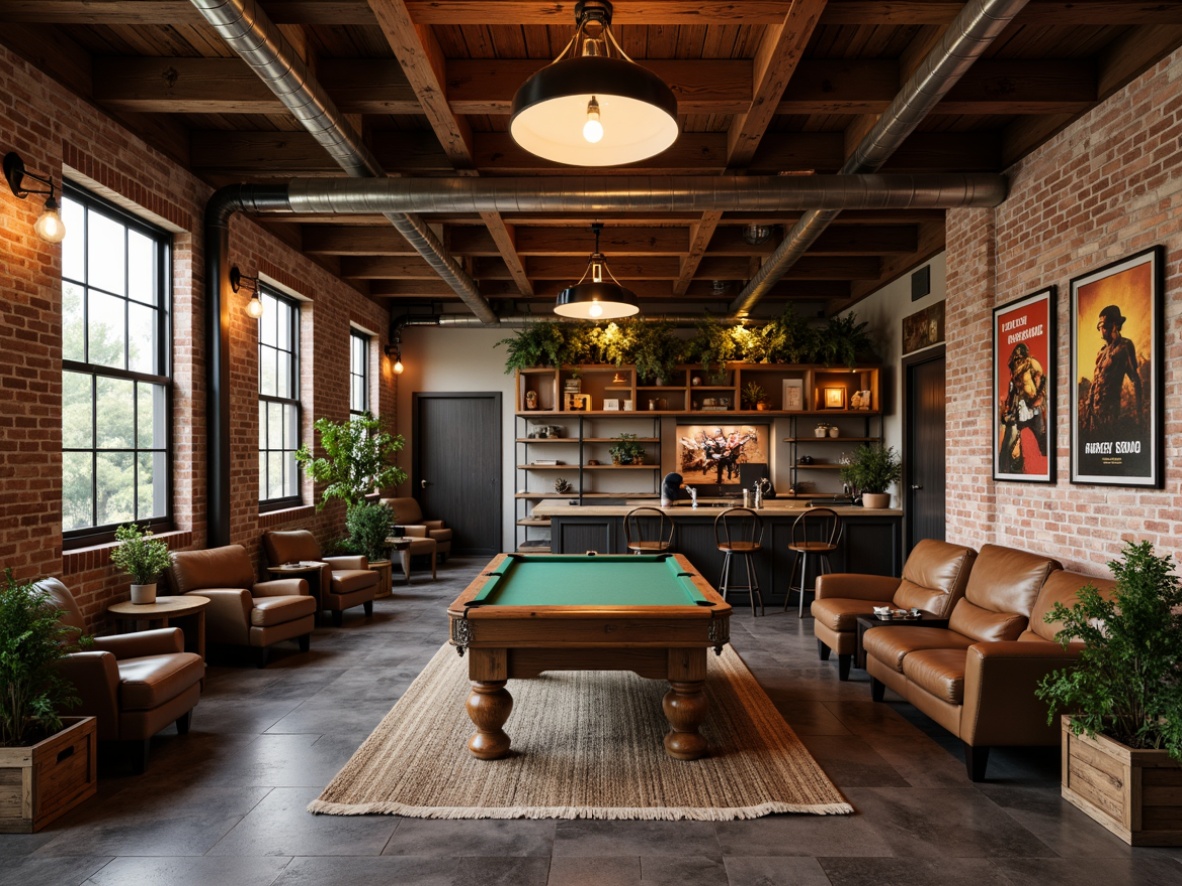 Prompt: Rustic game room, reclaimed wood accents, distressed brick walls, earthy color palette, natural stone flooring, vintage sports equipment, wooden crates, industrial metal shelves, exposed ductwork, Edison bulb lighting, warm cozy atmosphere, rich leather upholstery, vintage gaming posters, natural fiber rugs, wooden beam ceiling, earthy scents, soft warm lighting, shallow depth of field, 2/3 composition, realistic textures, ambient occlusion.