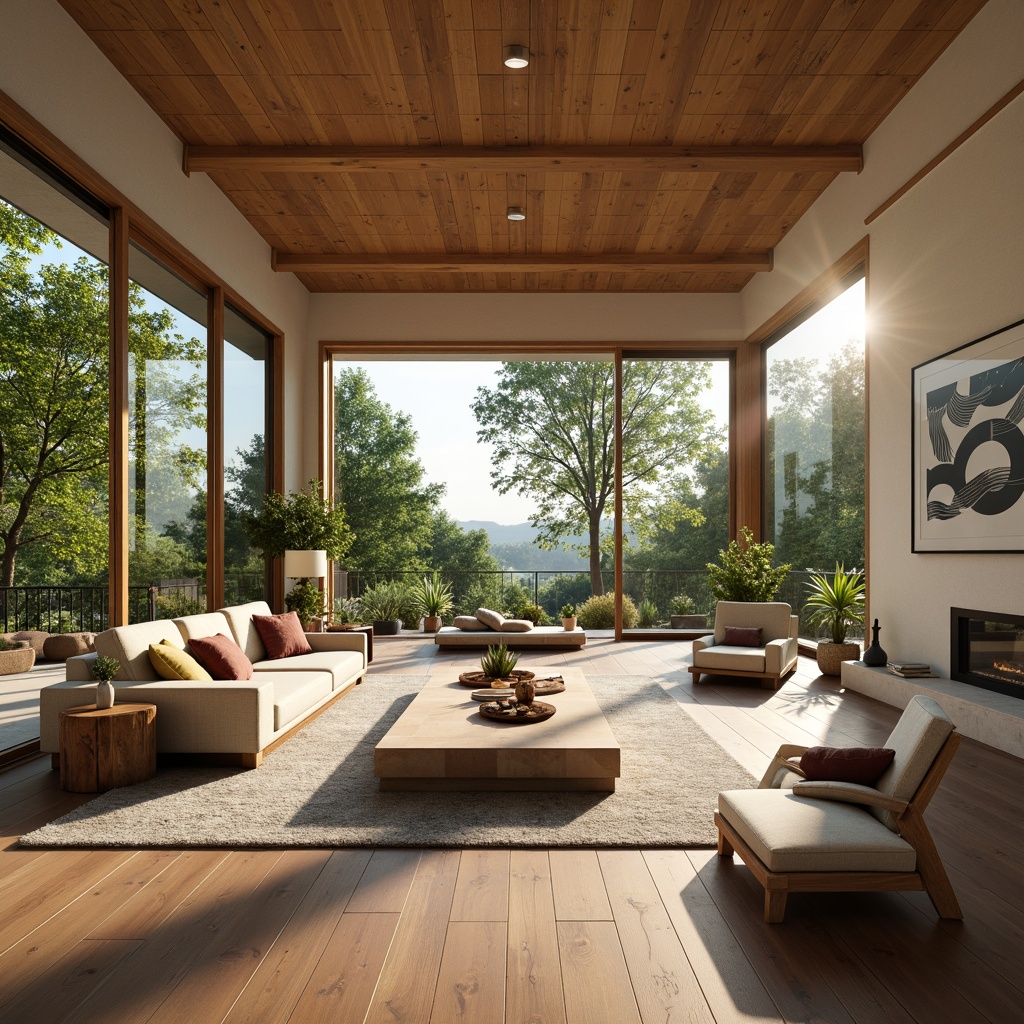 Prompt: Spacious open-plan living area, mid-century modern architecture, large windows, sliding glass doors, natural wood flooring, minimalist decor, sleek low-profile furniture, organic shapes, earthy color palette, lush greenery, potted plants, abstract artwork, geometric patterns, warm soft lighting, shallow depth of field, 3/4 composition, panoramic view, realistic textures, ambient occlusion.