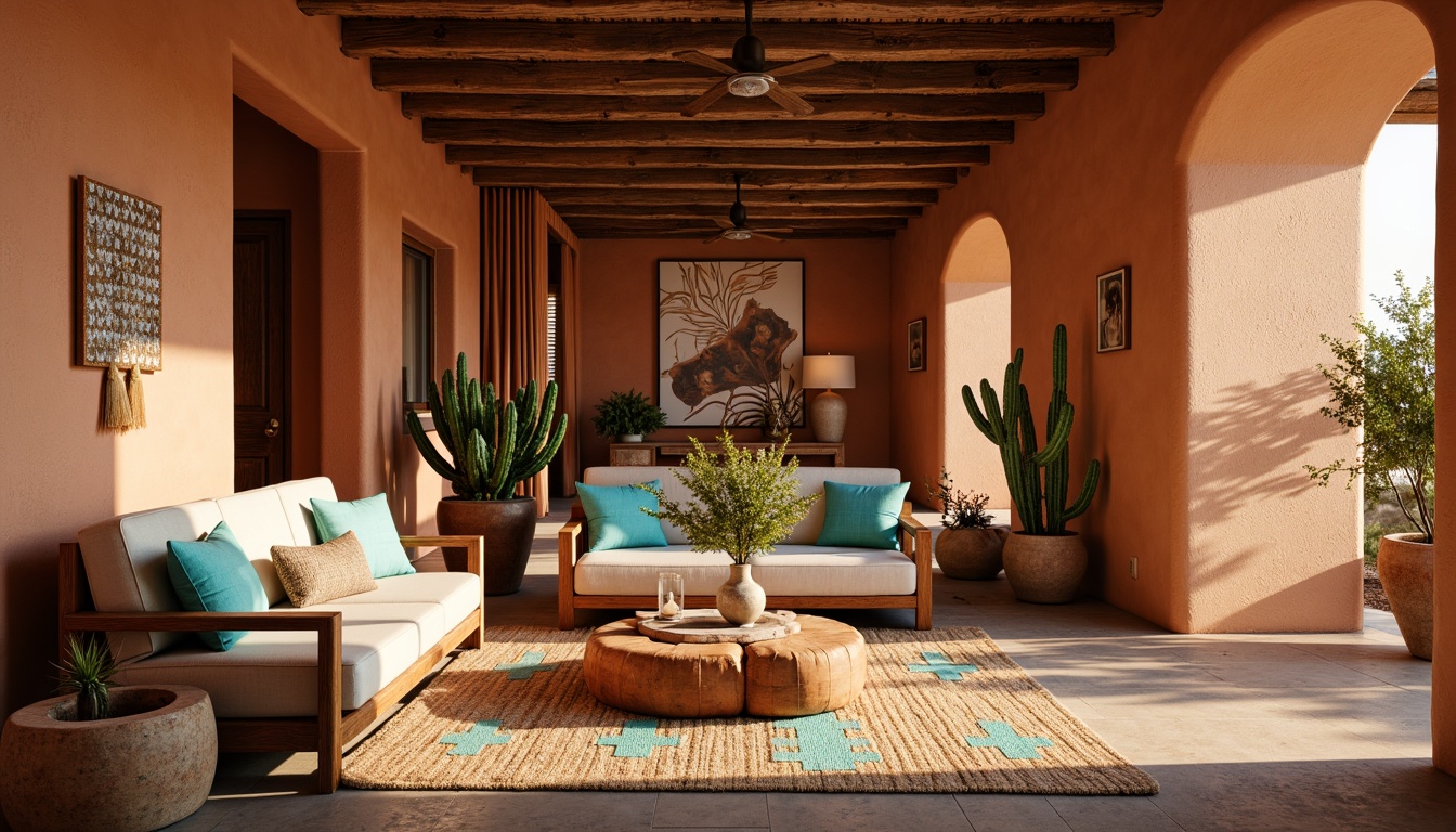 Prompt: Earthy southwestern interior, warm terracotta walls, rustic wooden accents, vibrant turquoise decorative accessories, woven Native American-inspired textiles, natural fiber rugs, distressed leather furniture, cactus-inspired greenery, warm golden lighting, shallow depth of field, 1/1 composition, realistic textures, ambient occlusion.