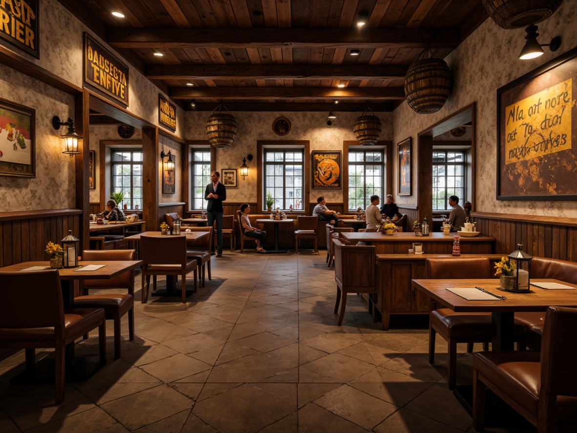 Prompt: Rustic pub interior, wooden accents, earthy tones, vintage signs, antique furniture, distressed wood tables, leather upholstery, metal lanterns, stone walls, wooden barrel decorations, natural textiles, woven baskets, warm candlelight, shallow depth of field, 1/1 composition, realistic textures, ambient occlusion.