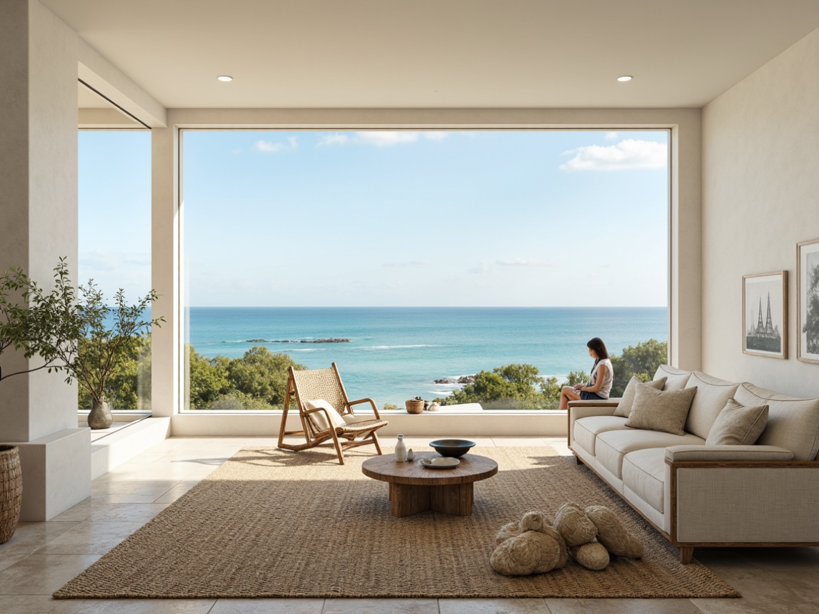 Prompt: Coastal living room, large windows, soft natural light, ocean views, creamy white walls, driftwood furniture, woven sea grass rugs, coral-inspired accents, shell decorative objects, calming blue-green color palette, beachy textures, weathered wood tones, minimal ornamentation, airy open space, 1/1 composition, warm softbox lighting, shallow depth of field, relaxed atmosphere.