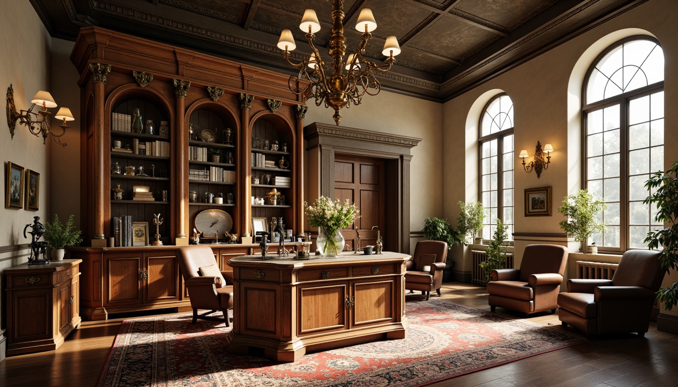 Prompt: Elegant laboratory, Neoclassical furniture, ornate wooden cabinets, antique scientific instruments, vintage microscopes, distressed leather armchairs, rich walnut wood tones, refined metal accents, intricate carvings, sophisticated lighting fixtures, high ceilings, large windows, natural light pouring in, warm beige walls, classic architecture, grand chandeliers, ornamental rugs, luxurious textiles, subtle color palette, soft focus, shallow depth of field, 1/2 composition, atmospheric rendering.