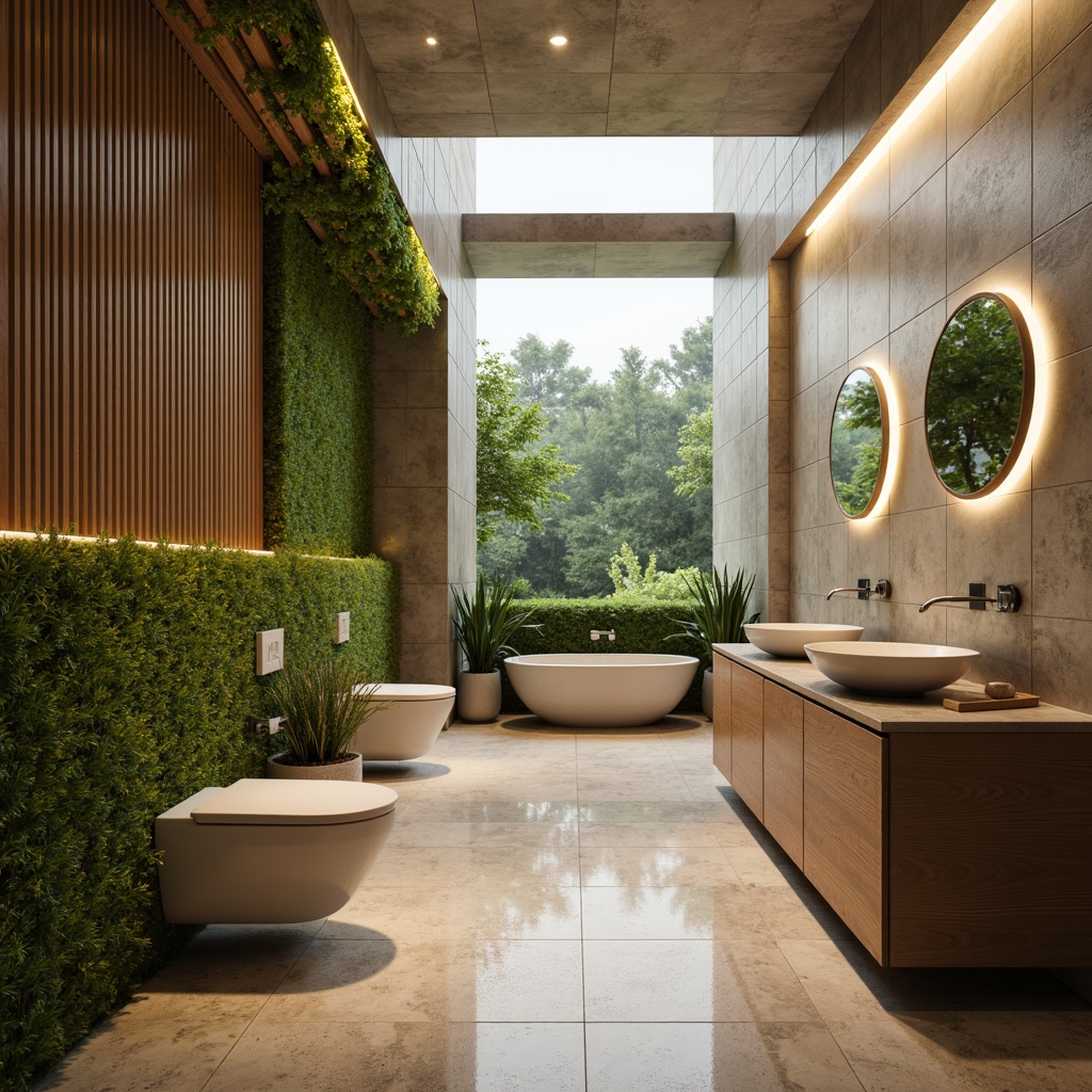 Prompt: Futuristic bathroom, eco-friendly materials, recycled glass tiles, low-flow showerheads, water-conserving toilets, energy-efficient LED lighting, modern sleek lines, minimalist design, bamboo cabinetry, living green walls, natural stone floors, soft warm ambiance, shallow depth of field, 3/4 composition, panoramic view, realistic textures, ambient occlusion, circular mirrors, futuristic sink basins, touchless faucets, automatic soap dispensers, aromatherapy systems, calming color schemes.