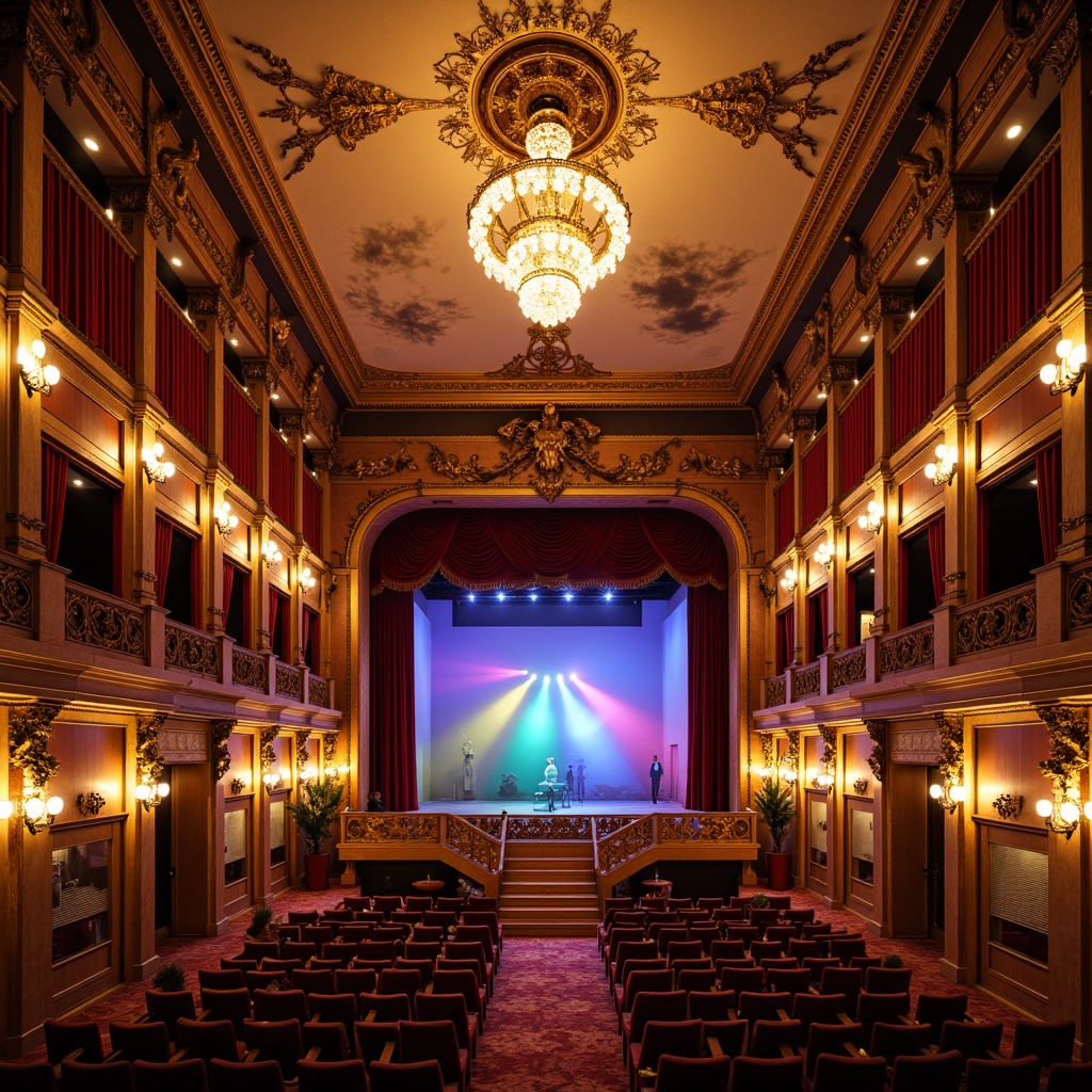 Prompt: Ornate theater interior, Baroque-style decor, golden chandeliers, crystal sconces, velvet drapes, rich wood accents, intricate carvings, grand staircase, ornamental mirrors, luxurious furnishings, warm candlelight, soft diffused lighting, dramatic spotlights, colorful LED lights, layered ceiling treatment, 3-point lighting composition, warm color palette, high-contrast shading, detailed textures, realistic reflections.