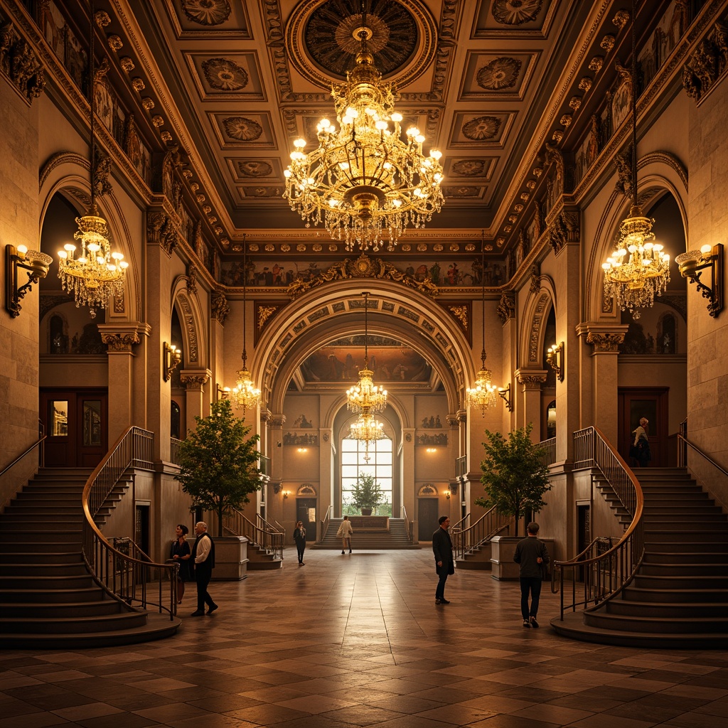 Prompt: Grandiose metro station, ornate chandeliers, gilded details, intricate moldings, lavish frescoes, dramatic archways, sweeping staircases, opulent materials, rich jewel tones, warm golden lighting, soft warm glow, ambient occlusion, realistic reflections, shallow depth of field, 1/1 composition, symmetrical framing, cinematic atmosphere, mysterious shadows, atmospheric fog, elegant typography, luxurious textures.