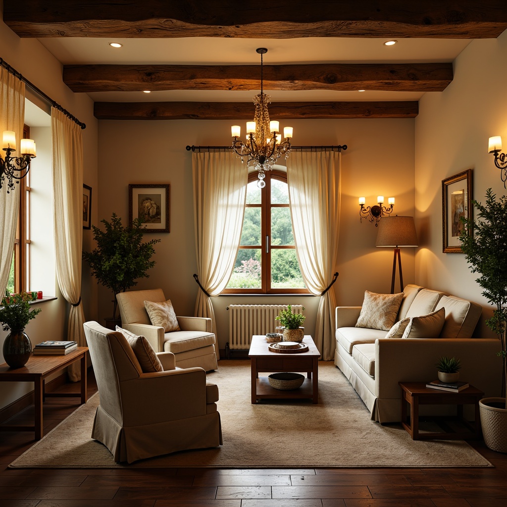 Prompt: Cozy French country style interior, warm beige walls, rustic wooden beams, soft golden lighting, ornate metal chandeliers, distressed wood furniture, plush velvet upholstery, natural linen fabrics, vintage antique fixtures, candlelight ambiance, dimmable table lamps, floor-to-ceiling drapery, sheer curtains, crystal pendant lights, elegant sconces, warm color palette, inviting atmosphere, shallow depth of field, 1/2 composition, soft focus, warm white balance.