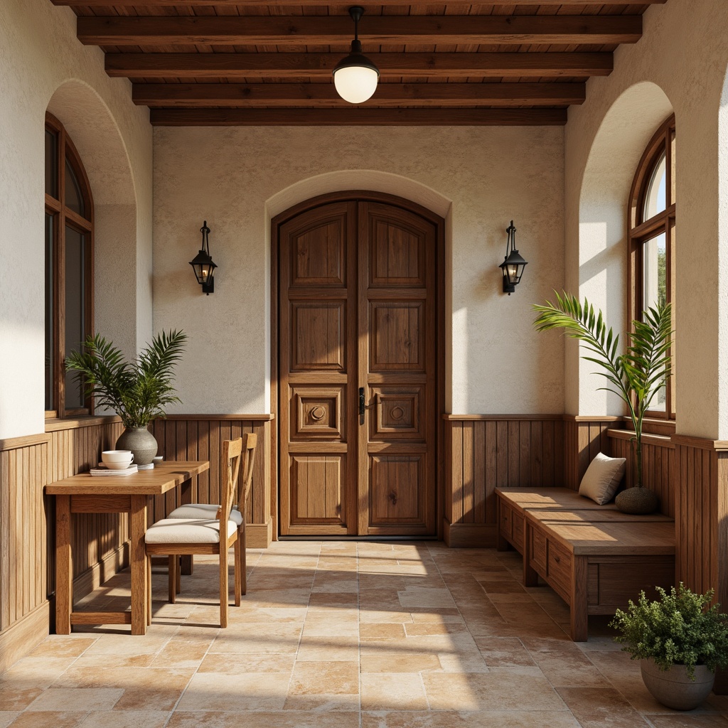 Prompt: Rustic stone walls, distressed wood panels, soft beige stucco, warm terracotta tiles, natural limestone flooring, elegant crown molding, ornate wooden wainscoting, vintage metal doors, earthy color palette, subtle texture variations, traditional European-inspired design, cozy intimate ambiance, soft warm lighting, 1/1 composition, realistic material renderings.