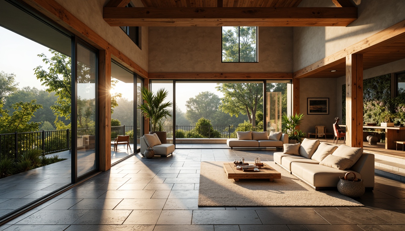 Prompt: Airy living room, large windows, sliding glass doors, natural stone flooring, reclaimed wood accents, minimal obstructions, unobstructed views, soft warm lighting, gentle shadows, 1/1 composition, shallow depth of field, realistic textures, ambient occlusion, greenery walls, hanging plants, organic shapes, earthy tones, serene atmosphere, morning sunlight, afternoon warmth, evening coziness.