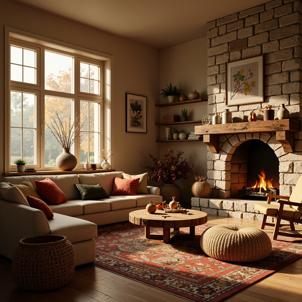 Prompt: Cozy living room, plush area rug, warm beige walls, soft golden lighting, comfortable couch, vibrant colorful throw pillows, woven baskets, natural wood coffee table, rustic stone fireplace, crackling flames, autumn leaves, misty morning, gentle warm ambiance, 1/1 composition, shallow depth of field, realistic textures, ambient occlusion.