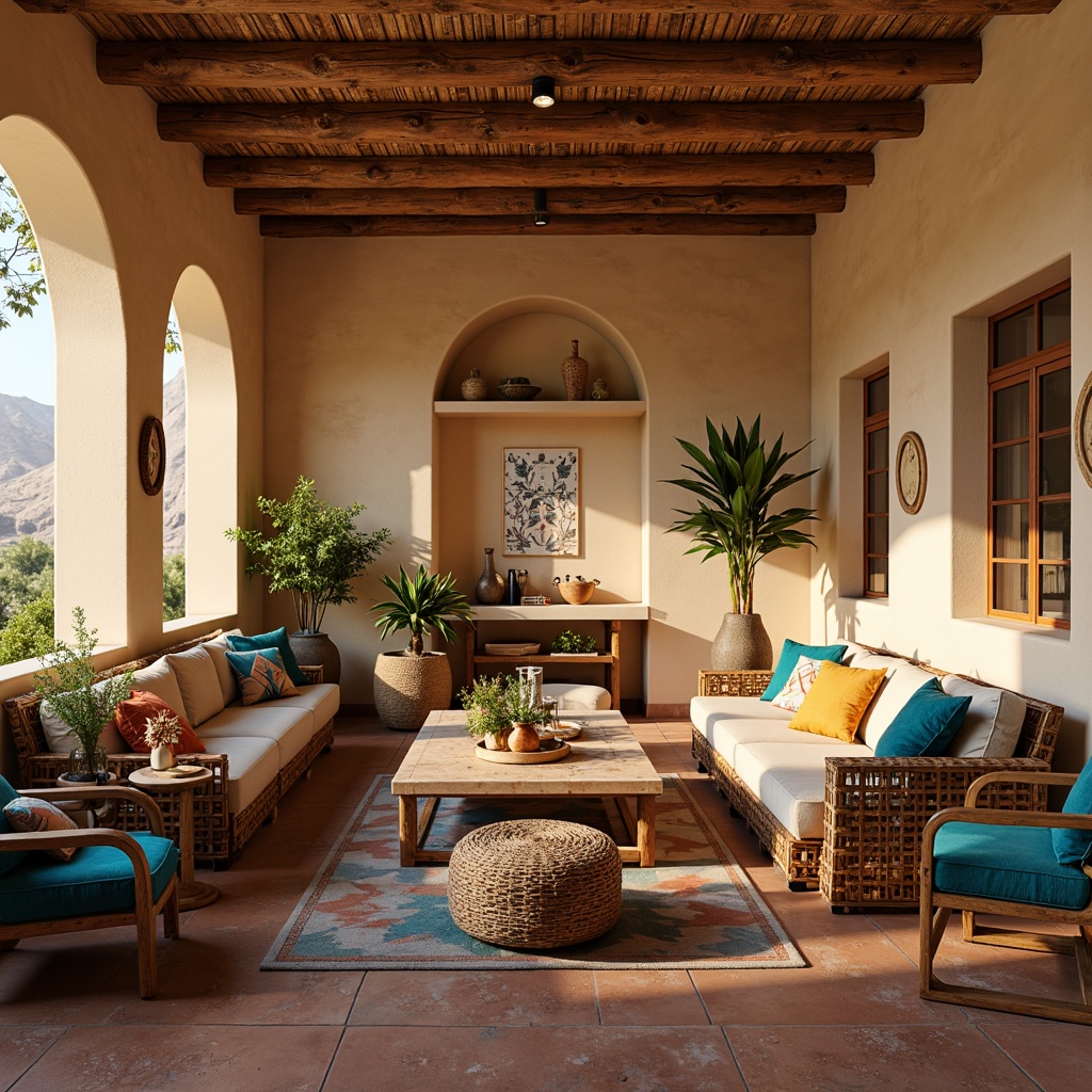 Prompt: Southwestern-style living room, earthy tones, sandy beige walls, rustic wooden furniture, woven wicker chairs, plush velvet sofas, turquoise accents, vibrant Native American patterns, geometric shapes, distressed leather ottomans, vintage Moroccan tiles, arched windows, natural light, warm golden lighting, soft focus, 1/1 composition, realistic textures, ambient occlusion.