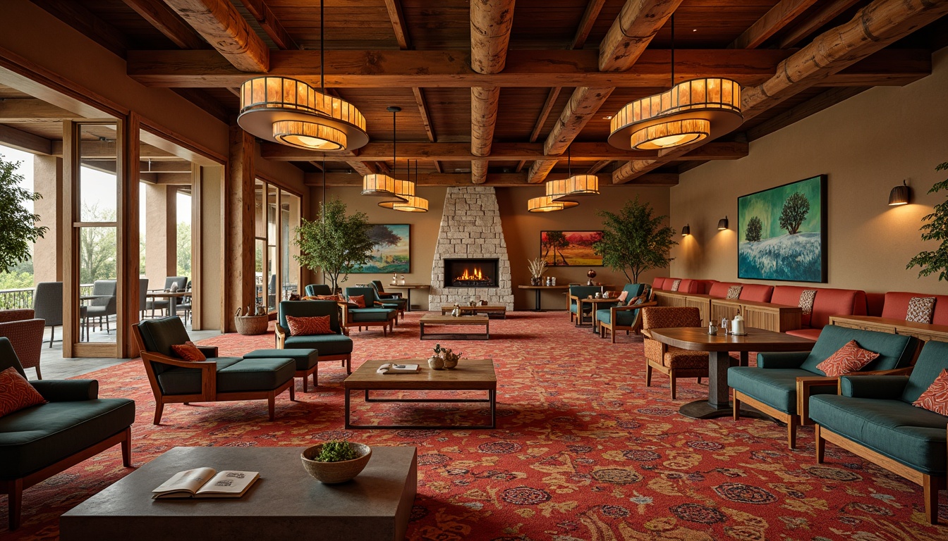 Prompt: Southwestern casino interior, warm earthy tones, rustic wooden accents, turquoise and coral hues, woven textiles, patterned rugs, desert-inspired artwork, dramatic chandeliers, sleek metal frames, plush upholstery, vibrant Native American patterns, geometric-shaped coffee tables, leather-bound armchairs, stone-clad fireplaces, ambient warm lighting, shallow depth of field, 2/3 composition, realistic textures, soft focus effect.