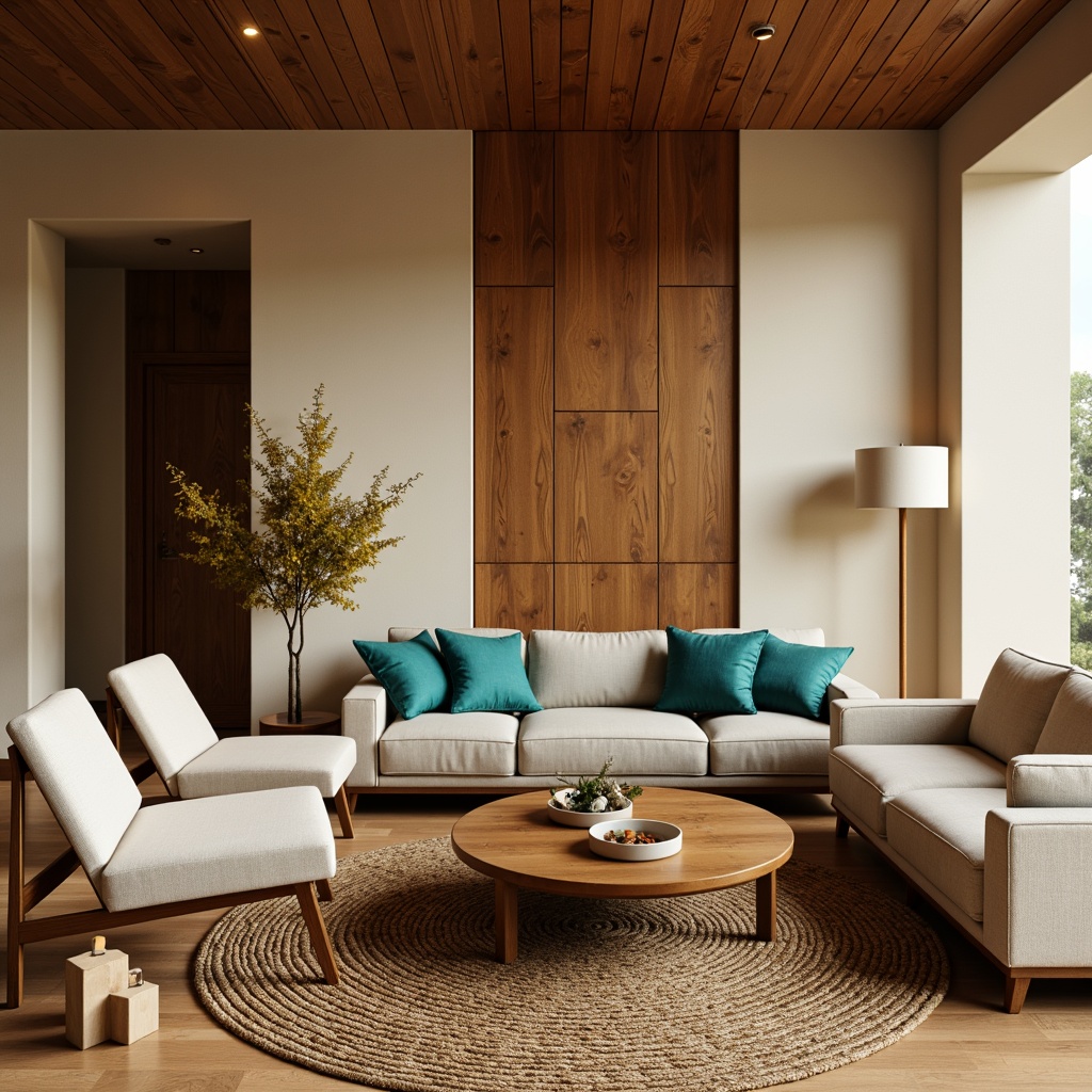 Prompt: Cozy living room, warm beige walls, rich walnut wood accents, plush velvet sofas, soft cream-colored armchairs, vibrant turquoise throw pillows, natural jute rugs, modern minimalist coffee tables, sleek metal lamps, warm golden lighting, shallow depth of field, 1/1 composition, realistic textures, ambient occlusion.