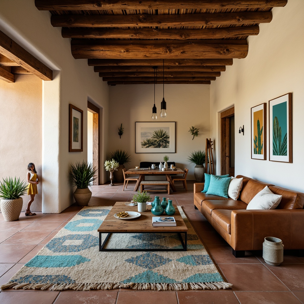 Prompt: Rustic Southwestern apartment, earthy color palette, woven textiles, natural wood accents, plush area rugs, vibrant turquoise accessories, geometric patterned throws, distressed leather furniture, wooden coffee tables, pendant lanterns, modern minimalist decor, desert botanical prints, stucco walls, clay tile floors, warm cozy ambiance, soft warm lighting, shallow depth of field, 3/4 composition, realistic textures, ambient occlusion.