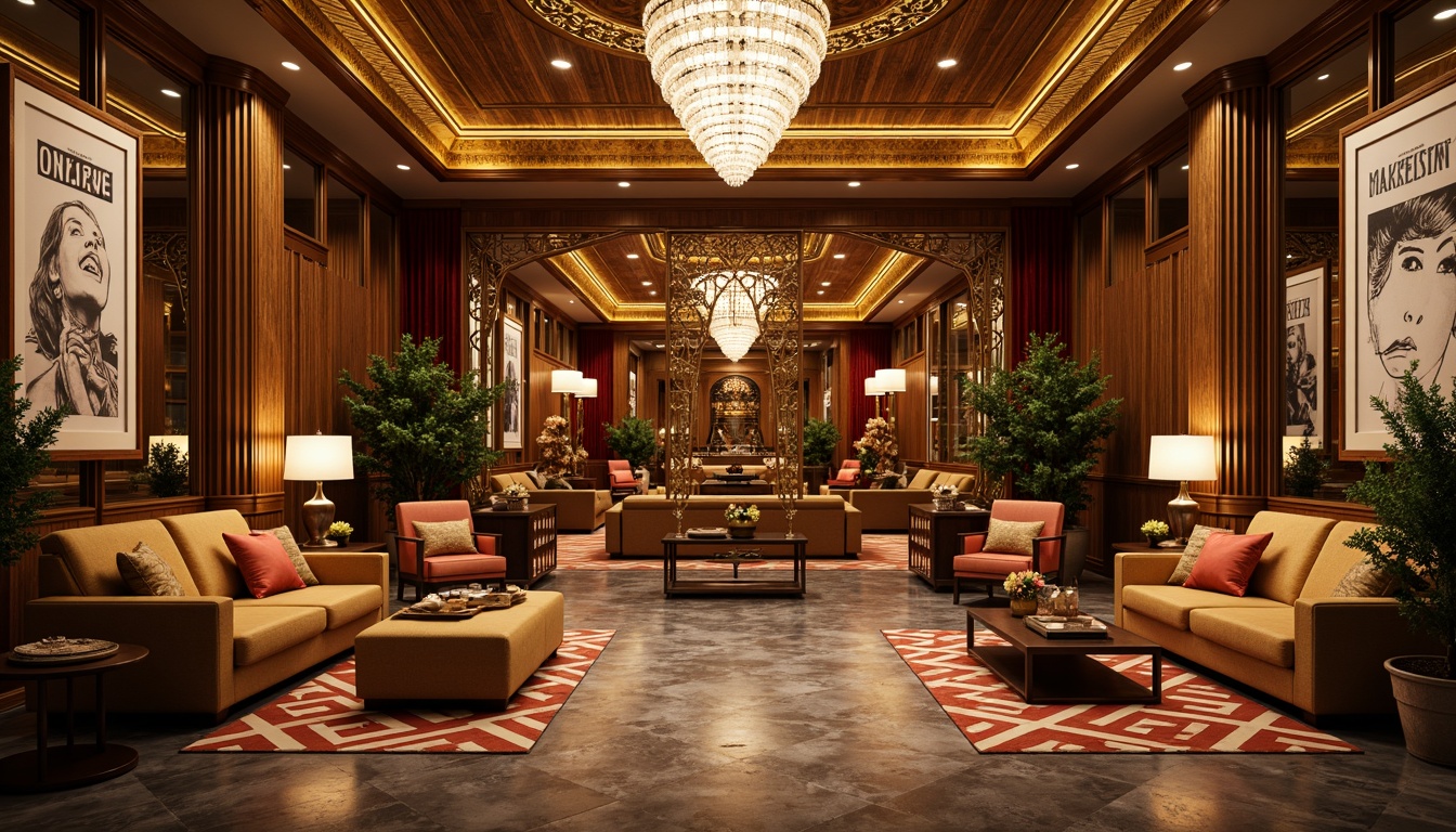 Prompt: Luxurious Art Deco interior, opulent furnishings, metallic accents, ornate mirrors, geometric patterns, chevron designs, sunburst motifs, lavish textiles, velvet drapes, crystal chandeliers, gilded frames, exotic wood paneling, marble floors, intricate moldings, bold color schemes, vintage posters, ornamental vases, sculptural decorations, luxurious fabrics, metallic leaf details, glamorous ambiance, warm golden lighting, shallow depth of field, 1/1 composition, realistic textures, ambient occlusion.