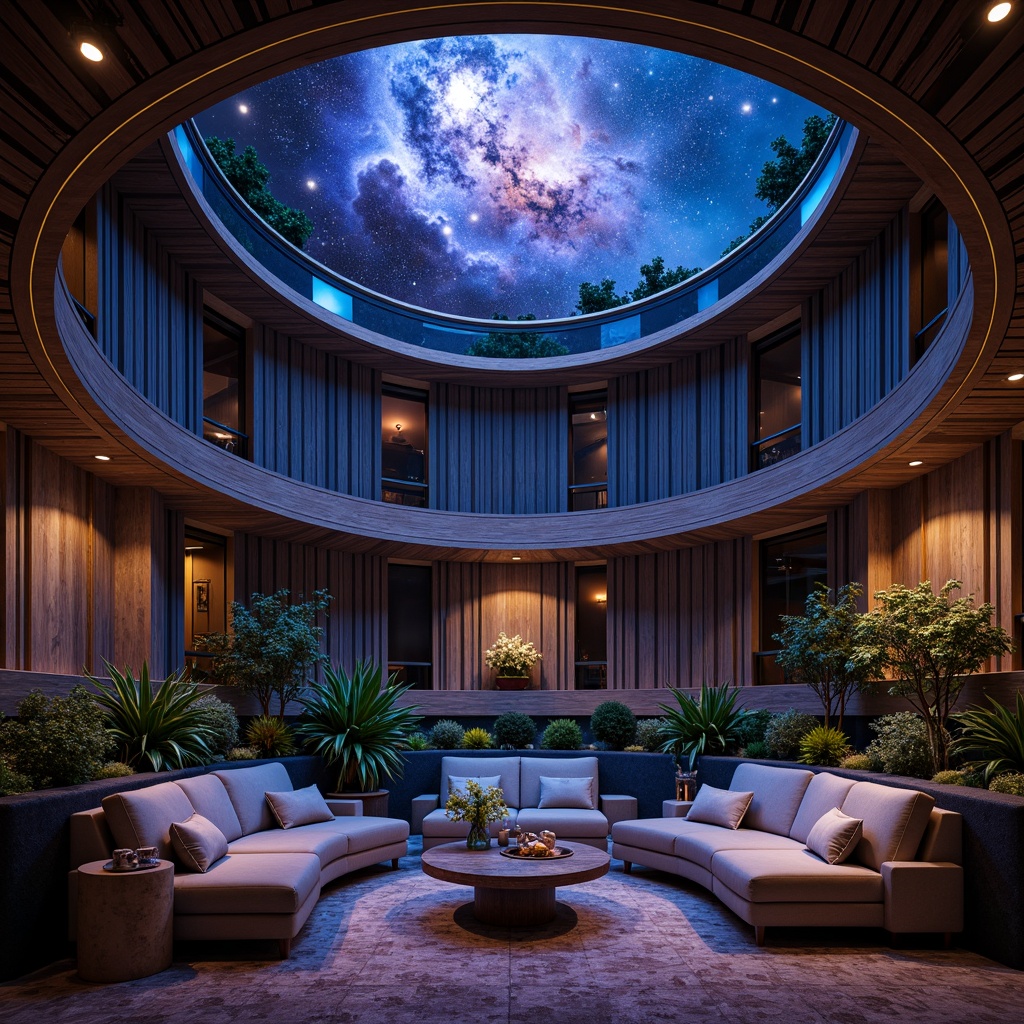 Prompt: Cosmic planetarium interior, mid-century modern aesthetic, deep blues and purples, starry night sky accents, rich wood tones, luxurious velvet fabrics, metallic gold details, retro-futuristic decor, rounded shapes, atomic patterns, soft ambient lighting, warm glow, 1/2 composition, symmetrical balance, atmospheric misting, realistic textures, subtle animations.