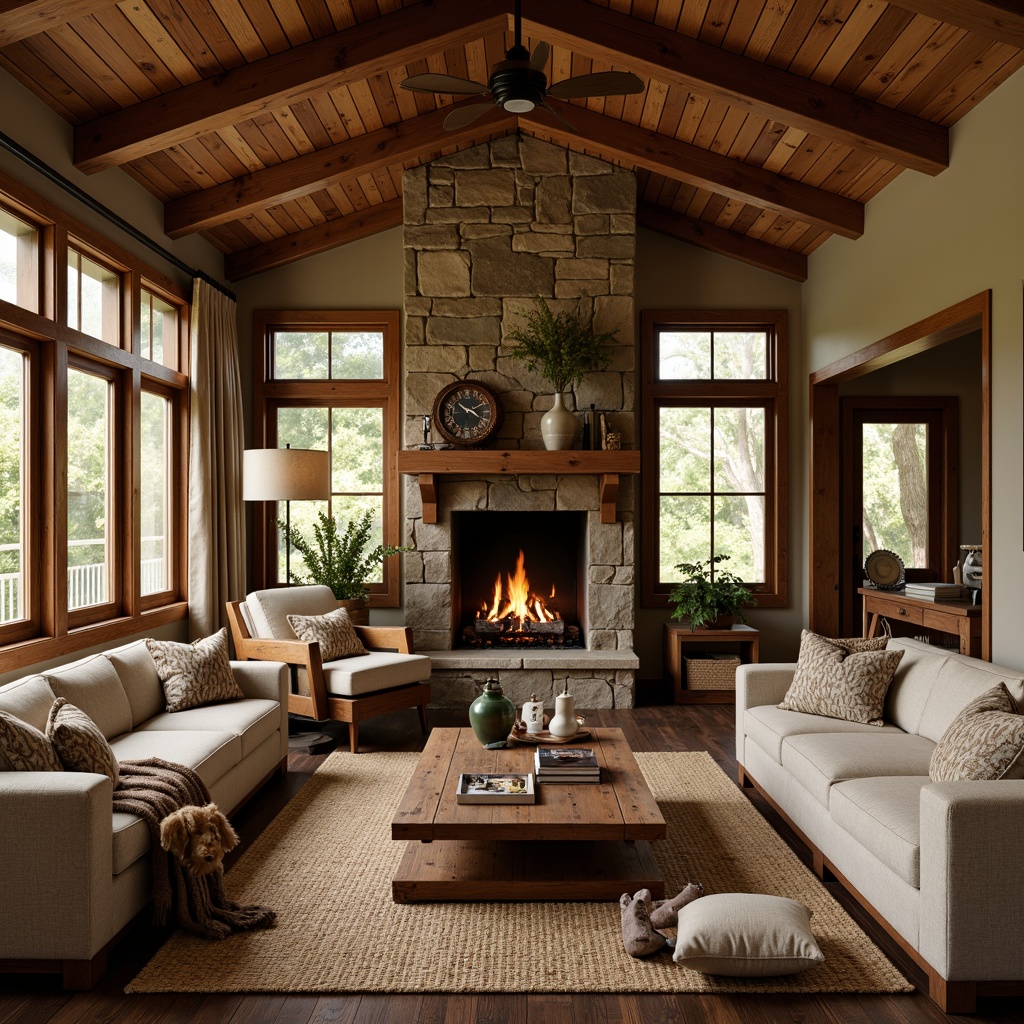 Prompt: Cozy craftsman interior, warm earthy tones, rich wood accents, natural stone fireplaces, plush furnishings, woven textiles, vintage decorative items, soft warm lighting, 3/4 composition, shallow depth of field, realistic textures, ambient occlusion, inviting atmosphere, comfortable seating areas, wooden ceiling beams, rustic metal fixtures, distressed finishes, organic patterns, muted colors, calming ambiance.