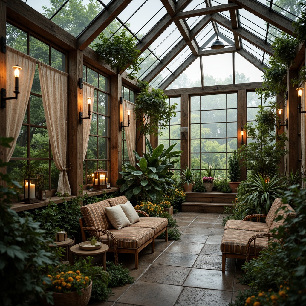 Prompt: Vintage greenhouse, distressed wooden frames, lush greenery, soft natural light, warm candlelight, string lights, lanterns, rustic metal fixtures, earthy tones, moss-covered stones, reclaimed wood accents, floral patterns, lace curtains, cozy seating areas, woven rattan furniture, nature-inspired decorative elements, morning dew, misty atmosphere, shallow depth of field, 1/1 composition, soft focus, warm color palette.