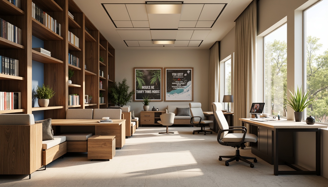 Prompt: Professional academic office, neutral beige walls, rich wood furniture, earthy brown tones, calming blue accents, warm golden lighting, minimalist decor, ergonomic chairs, sleek metal desks, motivational quotes, inspirational artwork, floor-to-ceiling bookshelves, comfortable reading nooks, natural textures, subtle patterns, 1/1 composition, softbox lighting, realistic rendering.