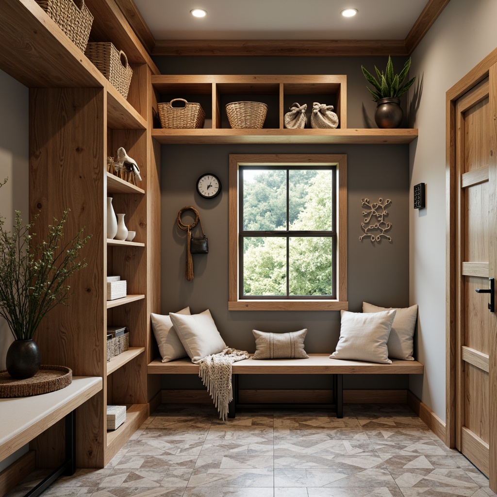 Prompt: Modern mudroom, sleek storage units, natural wood tones, woven baskets, industrial metal shelving, geometric tile flooring, earthy color palette, functional bench seating, rustic decor accents, ambient overhead lighting, shallow depth of field, 3/4 composition, soft focus effect, realistic textures, transitional space design.