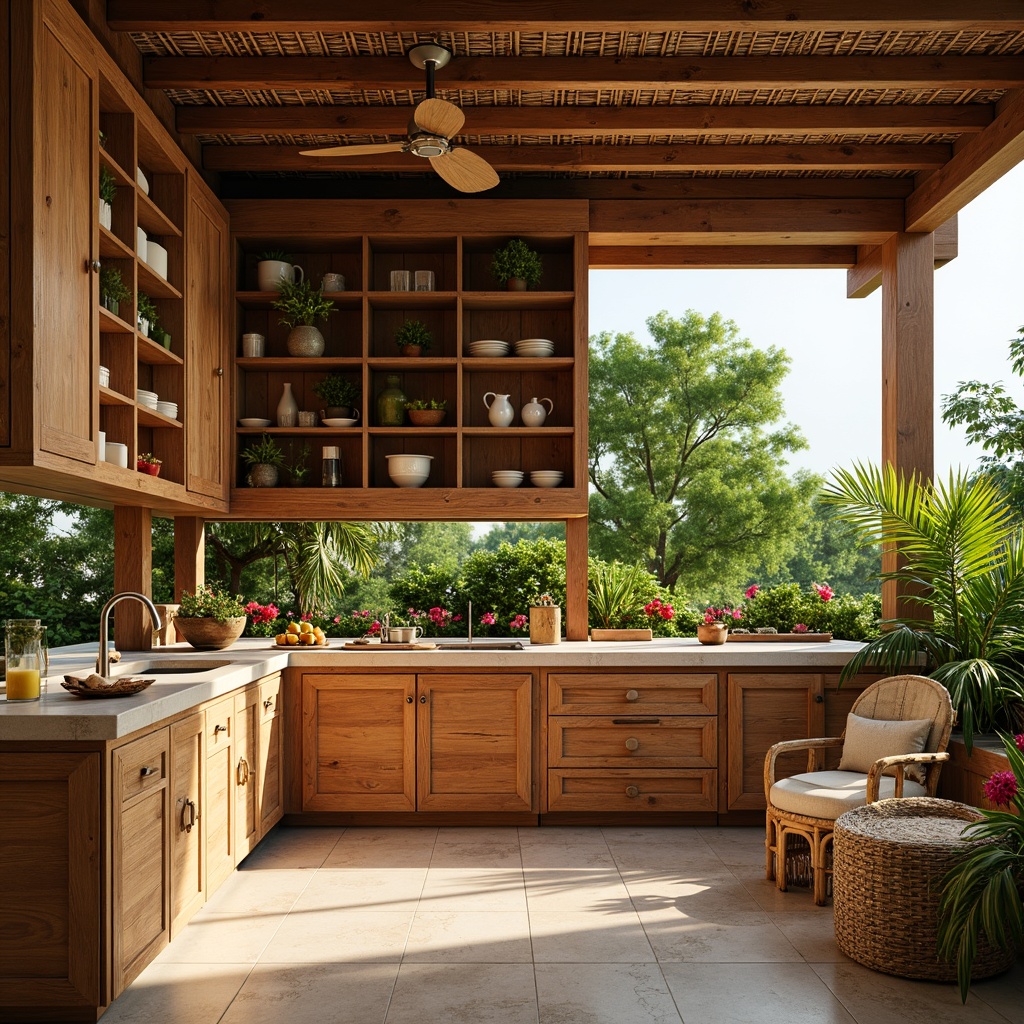 Prompt: Tropical kitchen, warm wooden cabinetry, reclaimed teak wood, bamboo accents, rattan furniture, natural stone countertops, vibrant greenery, exotic flowers, woven textiles, colorful ceramics, woven baskets, island-inspired decor, bright sunlight, soft warm lighting, shallow depth of field, 1/1 composition, realistic textures, ambient occlusion.