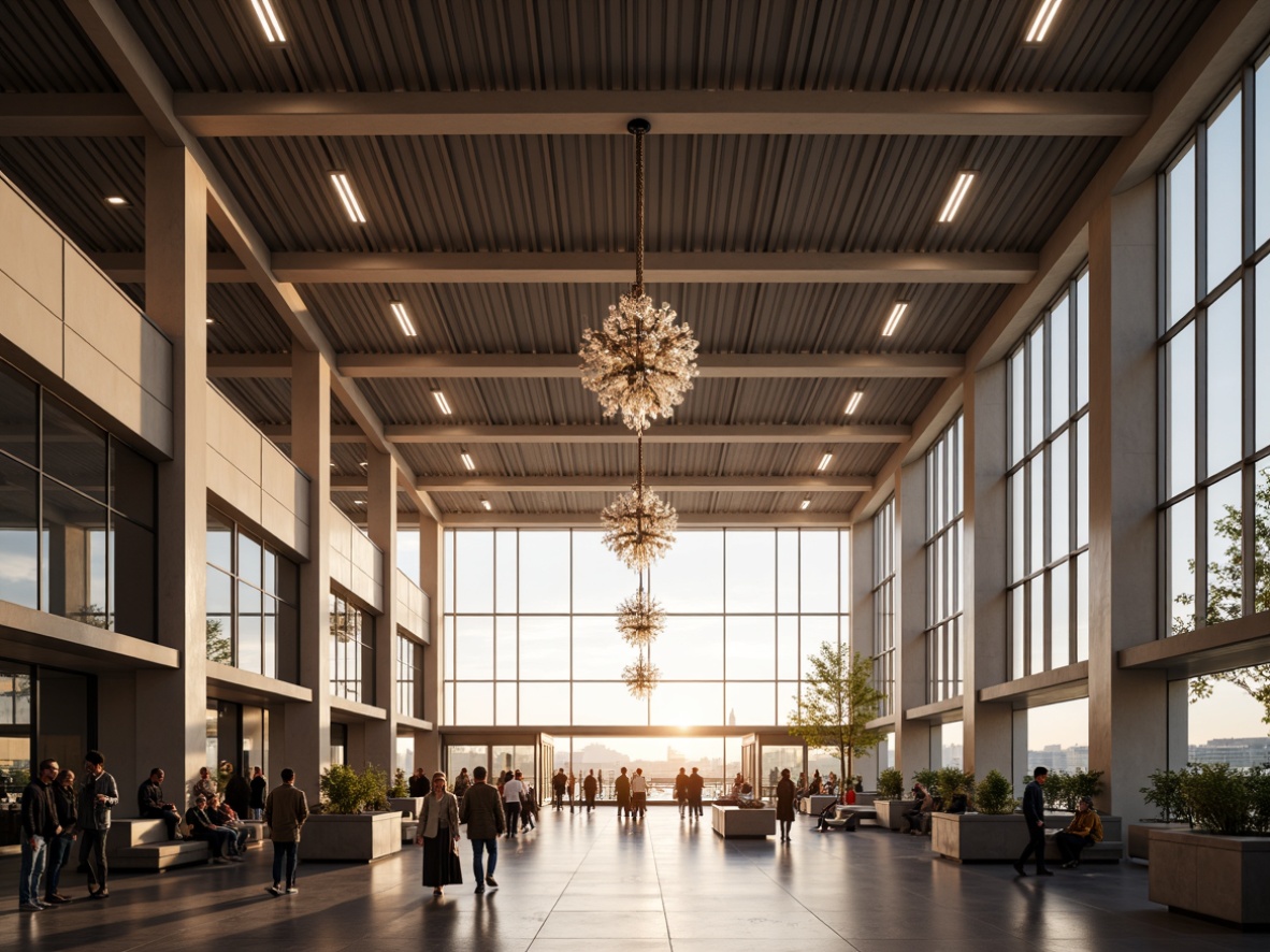 Prompt: Airy airport terminal, high ceilings, modern chandeliers, soft warm lighting, indirect illumination, LED strips, frosted glass diffusers, minimalist metal fixtures, subtle color temperature transitions, natural stone flooring, sleek steel beams, large windows, panoramic views, bustling passenger activity, morning sunlight, gentle fog effects, 1/1 composition, shallow depth of field, realistic textures, ambient occlusion.