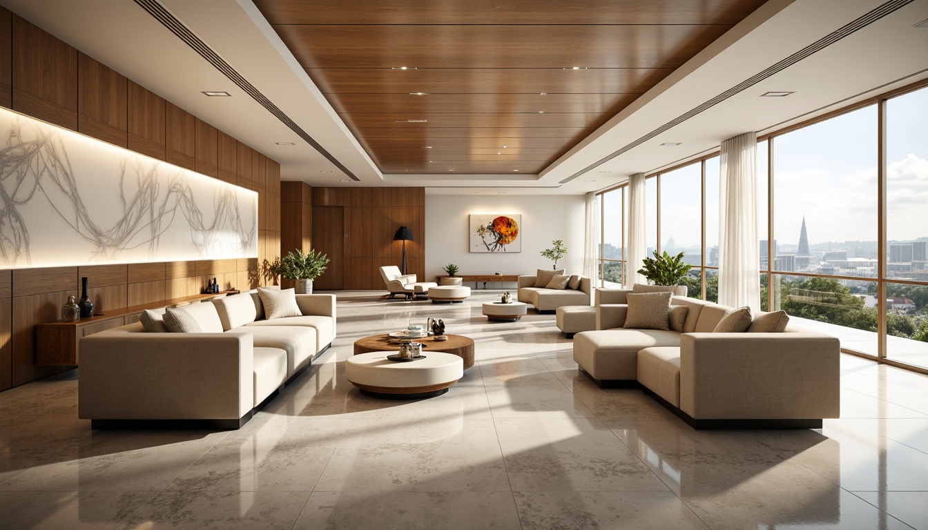 Prompt: Streamlined modern interior, luxurious velvet sofas, polished chrome accents, high-gloss wooden floors, subtle marble patterns, minimalist ornamental details, soft ambient lighting, creamy white walls, sleek metallic surfaces, rounded geometric shapes, futuristic vibe, abstract artwork, floor-to-ceiling windows, cityscape views, morning sunlight, shallow depth of field, 1/2 composition, warm color palette, realistic reflections.