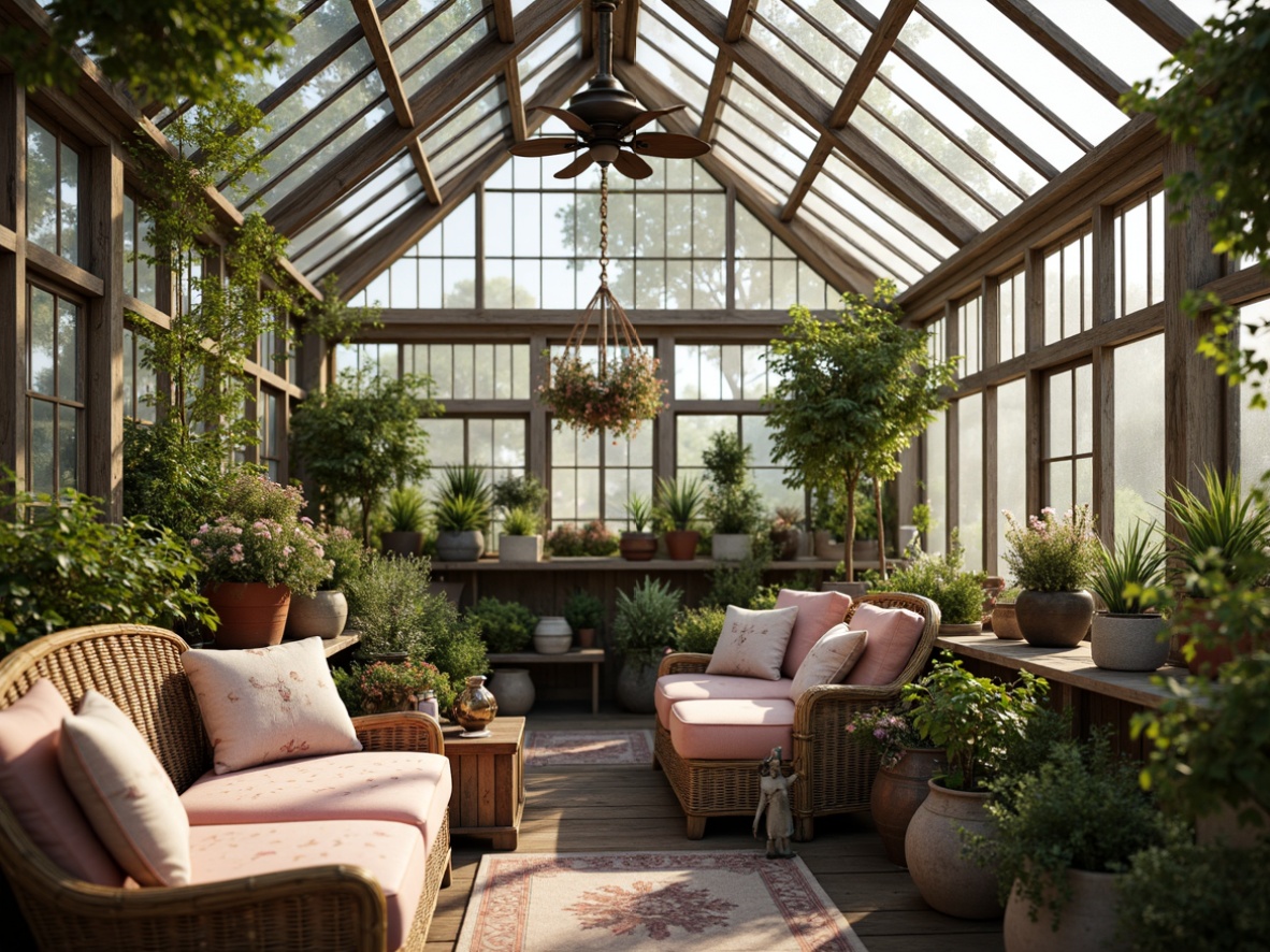 Prompt: Vintage greenhouse, distressed wooden frames, soft natural light, lush greenery, flowering plants, rustic metal accents, antique gardening tools, woven wicker furniture, plush velvet cushions, pastel-colored fabrics, floral patterns, lace trimmings, ornate metalware, distressed finishes, shabby-chic decor, whimsical touches, romantic ambiance, warm sunny day, soft focus, 1/1 composition, intimate atmosphere.