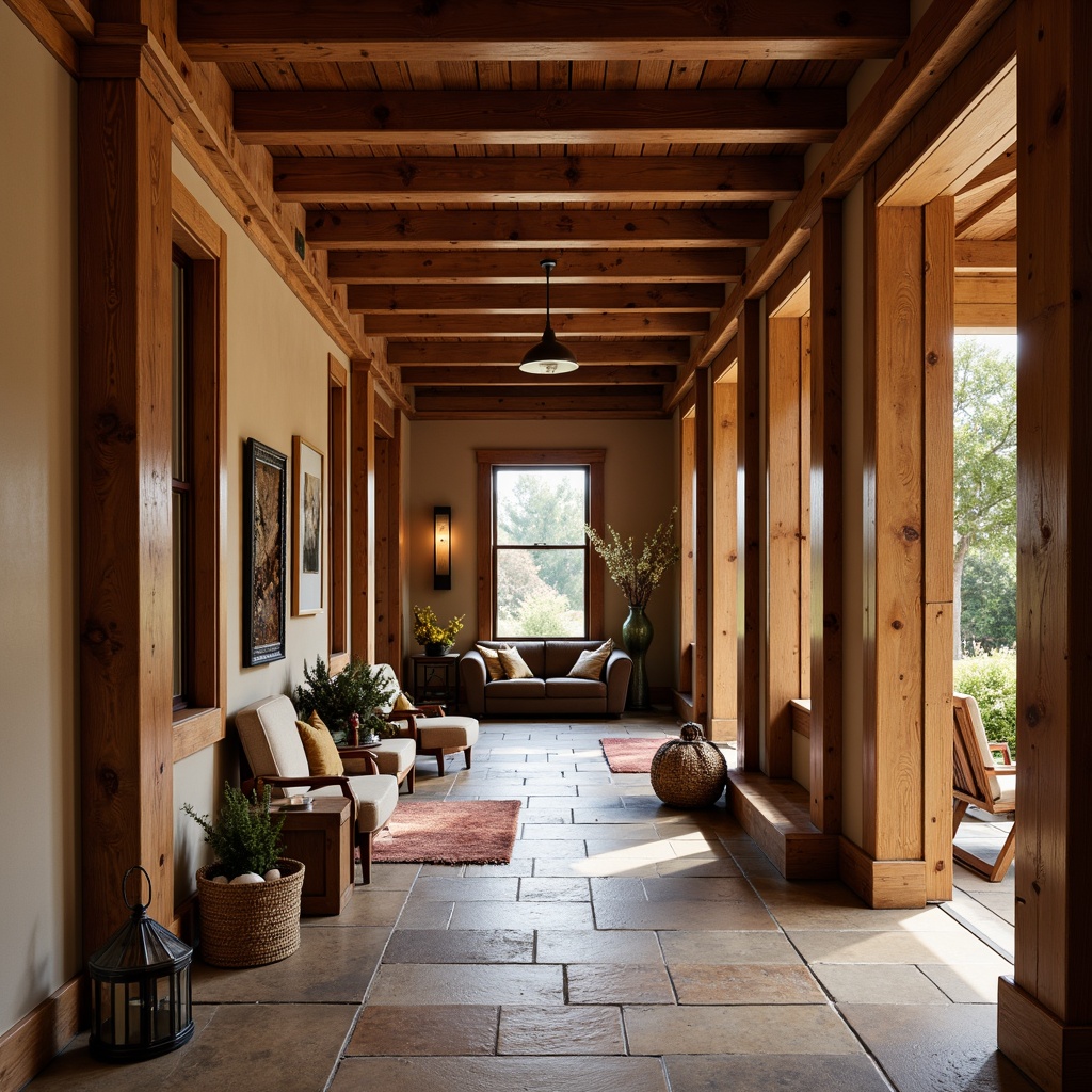 Prompt: Warm Craftsman hallway, rich wood tones, rustic wooden beams, earthy color palette, natural stone flooring, woven baskets, vintage metal lanterns, distressed wood accents, plush area rugs, cozy reading nooks, soft warm lighting, shallow depth of field, 3/4 composition, realistic textures, ambient occlusion.