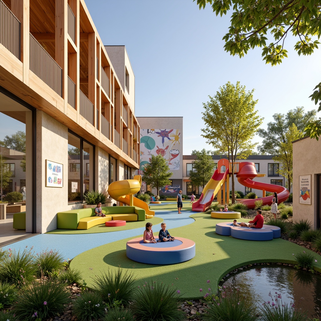 Prompt: Vibrant kindergarten playground, colorful slides, climbing walls, soft play surfaces, interactive learning zones, modern minimalist architecture, large windows, natural light, wooden accents, educational signage, whimsical murals, playful furniture, circular reading nooks, cozy carpeted areas, artificial turf lawns, shaded outdoor spaces, water features, sensory gardens, bright primary colors, fun textures, 1/1 composition, shallow depth of field, warm soft lighting.