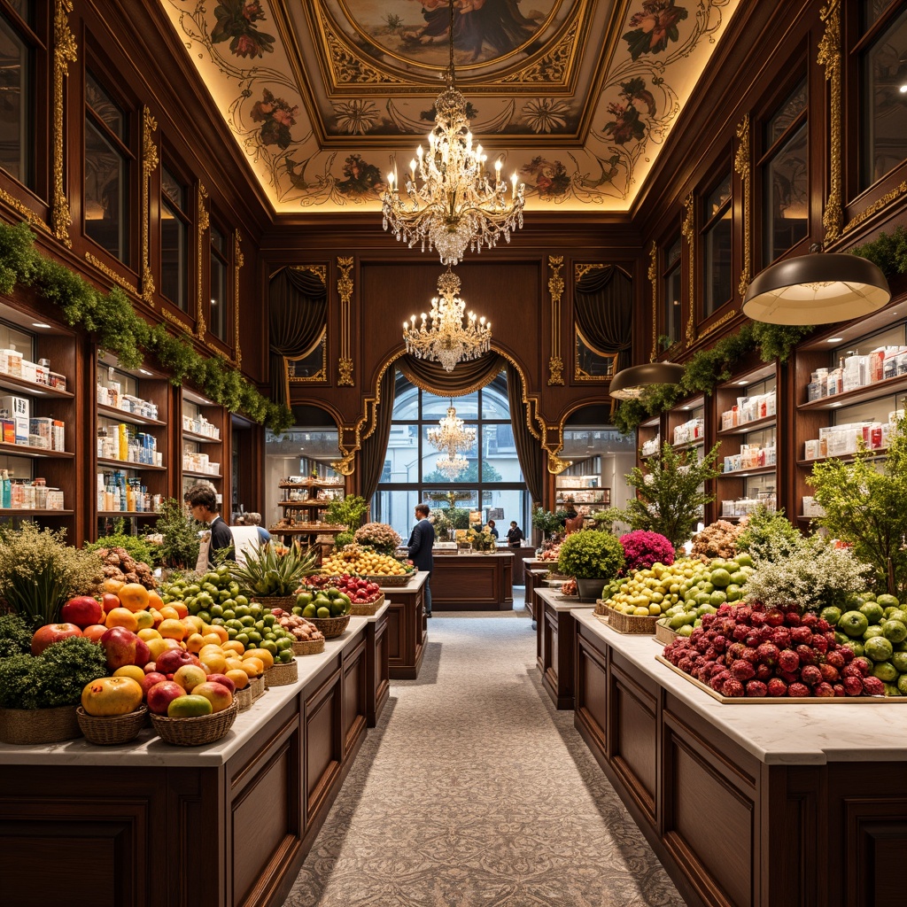 Prompt: Lavish grocery store interior, ornate Rococo details, intricate golden moldings, crystal chandeliers, velvet drapes, marble countertops, antique wooden shelves, gilded decorative accents, frescoed ceilings, soft warm lighting, shallow depth of field, 1/1 composition, realistic textures, ambient occlusion, abundant fresh produce, pyramids of fruits, overflowing flower arrangements, ornate metalwork, curved ornate mirrors, luxurious carpeting, Baroque-inspired patterns.