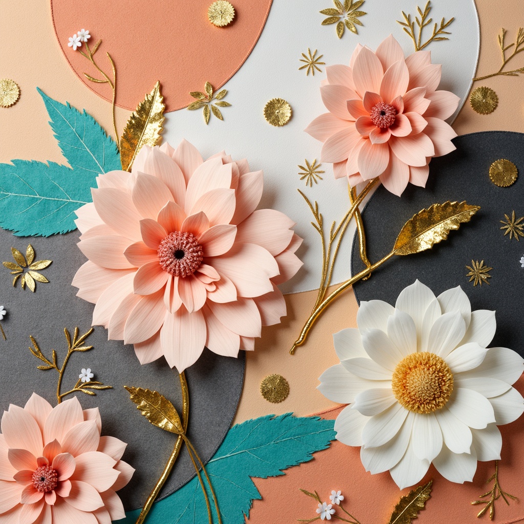 Prompt: Vibrant artistic composition, harmonious color scheme, pastel hues, soft peach tones, creamy whites, rich charcoal grays, bold turquoise accents, metallic gold details, luxurious velvet textures, intricate floral patterns, abstract geometric shapes, 1/1 composition, shallow depth of field, warm golden lighting, realistic renderings.