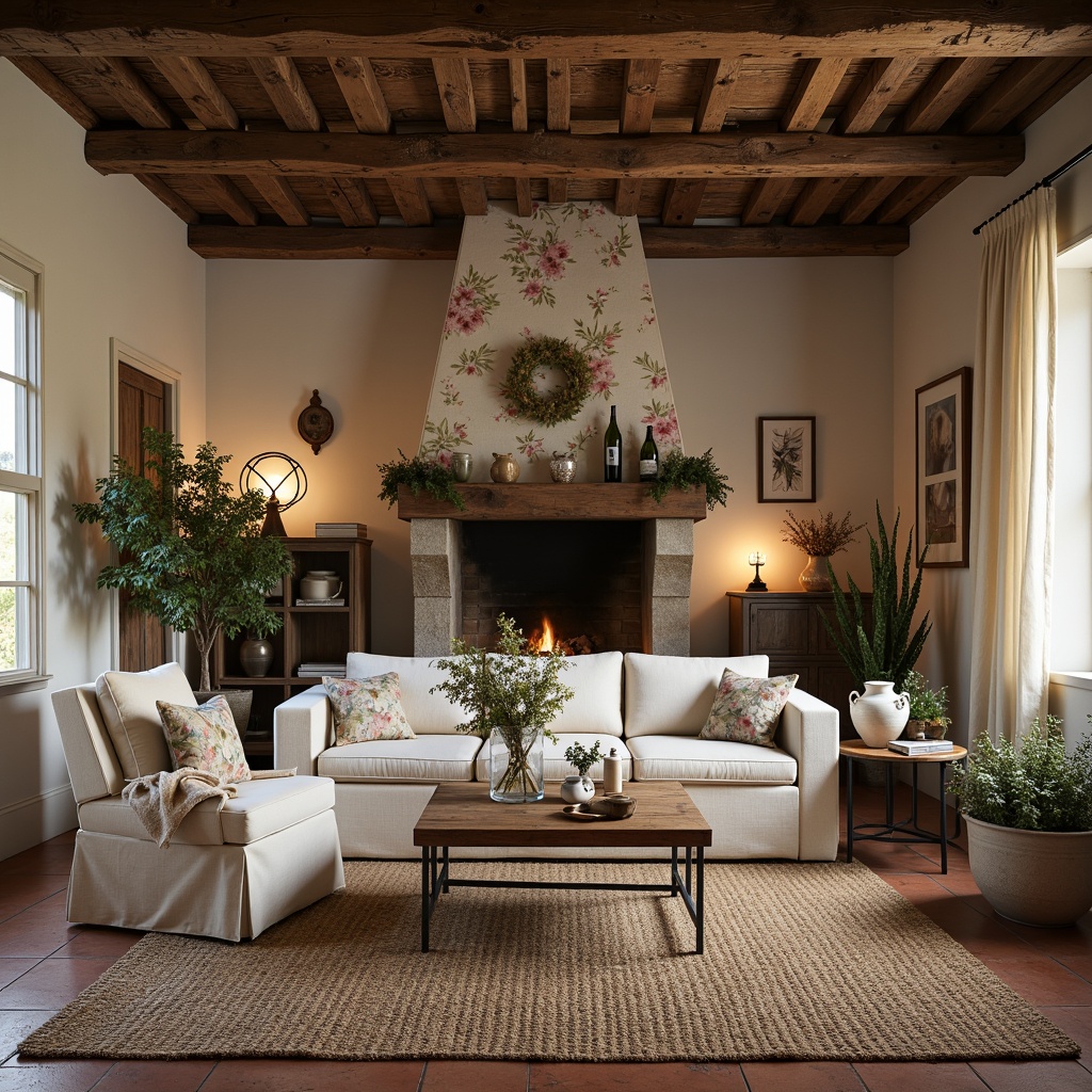 Prompt: Rustic French country cottage, distressed wood furniture, soft linen upholstery, vintage metal accents, earthy terracotta floors, woven jute rugs, natural stone fireplaces, ornate carved wooden beams, whimsical floral patterns, muted pastel colors, warm candlelight, 1/1 composition, intimate atmosphere, soft focus, romantic ambiance.