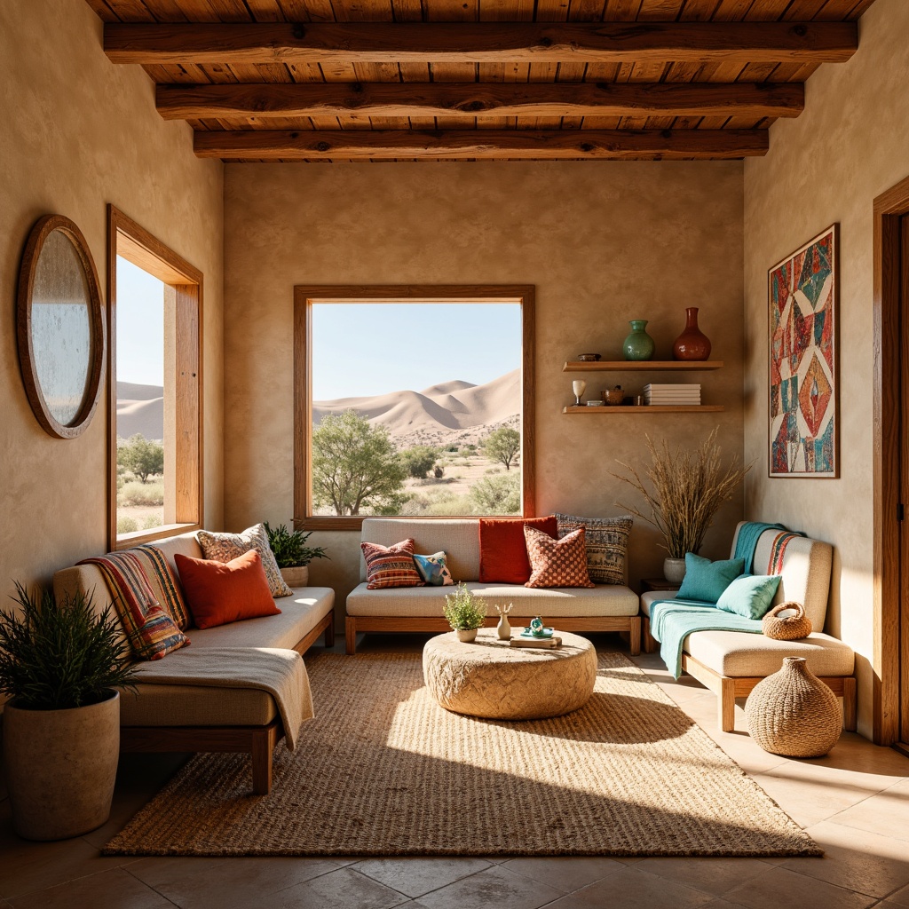 Prompt: Earthy Southwestern interior, warm beige walls, rustic wooden accents, vibrant turquoise accessories, woven textiles, natural fiber rugs, terracotta pottery, sandy dunes-inspired color palette, warm golden lighting, soft shadows, shallow depth of field, 1/1 composition, realistic textures, ambient occlusion, cozy nooks, plush furnishings, geometric patterns, bold colorful throws, desert landscape views, bright sunny day.