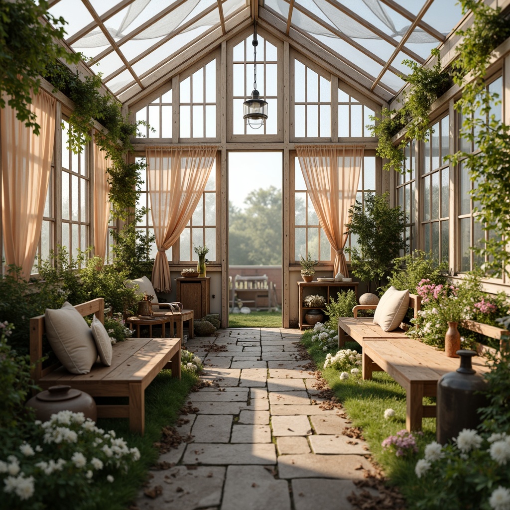 Prompt: Whimsical greenhouse, distressed wood frames, vintage metal accents, pastel greenery, soft peach tones, creamy whites, warm beige textures, elegant lace curtains, antique gardening tools, rustic wooden benches, lush ferns, delicate florals, natural stone pathways, misty morning light, soft focus, shallow depth of field, 1/2 composition, romantic ambiance.