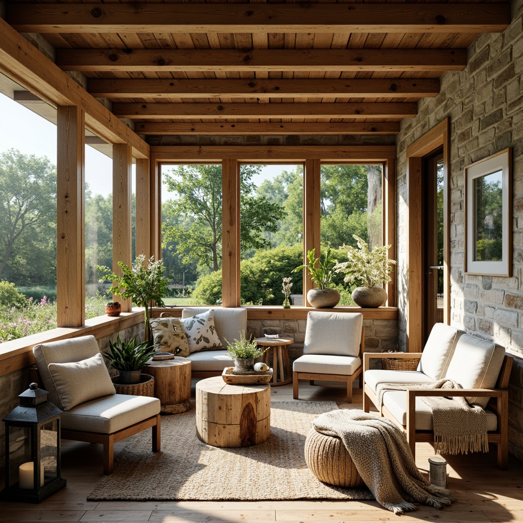 Prompt: Cozy farmhouse sunroom, rustic wooden beams, natural stone walls, vintage metal lanterns, distressed wood furniture, plush throw blankets, soft warm lighting, earthy color palette, mossy green accents, weathered wood tones, creamy whites, sky blue undertones, warm beige fabrics, botanical patterns, nature-inspired textiles, organic shapes, whimsical decorative items, lush greenery views, sunny afternoon, gentle breeze, shallow depth of field, 1/1 composition.