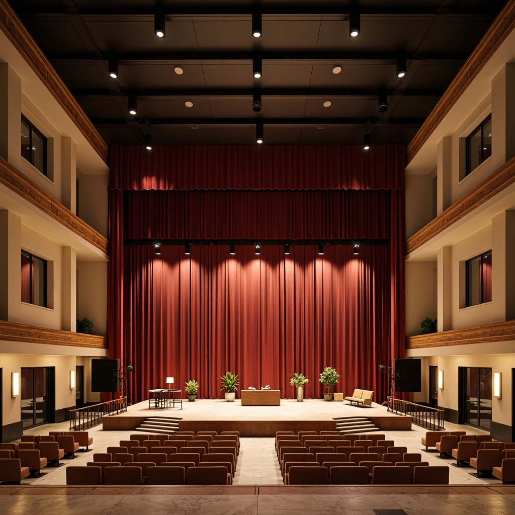 Prompt: Elegant transitional performing arts center, warm beige walls, rich dark wood accents, plush red velvet curtains, spotlights, floor lamps, LED light strips, dimmable ceiling fixtures, flexible stage configuration, retractable seating, sprung floors, mirrored walls, minimalist decor, subtle color palette, soft warm lighting, high ceilings, grand entrance, dramatic staircases, ornate metal railings, polished marble floors, luxurious fabrics, avant-garde art installations, dynamic projections, immersive sound systems.