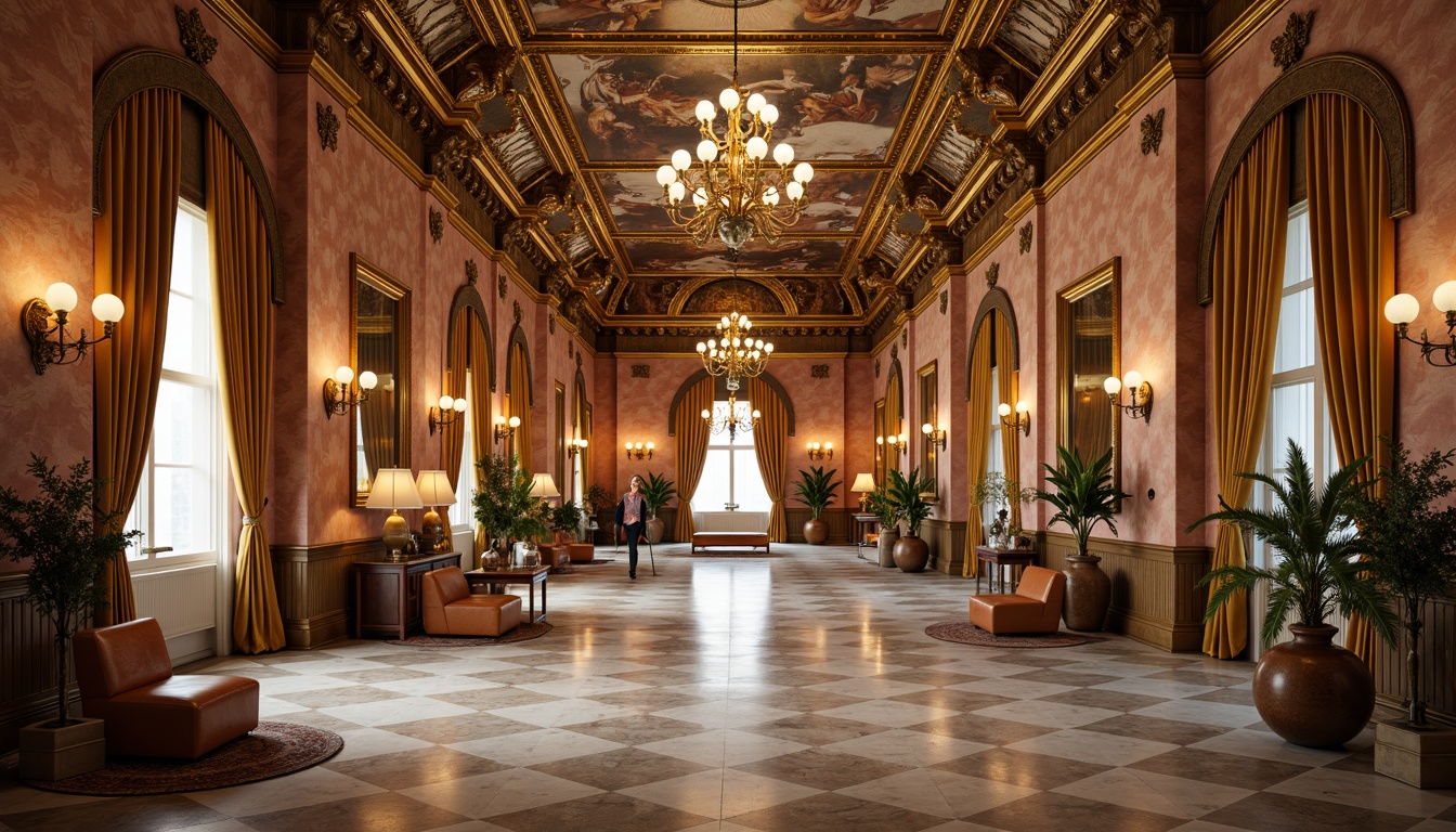 Prompt: Luxurious museum interior, Renaissance-inspired architecture, ornate gold accents, lavish velvet drapes, intricate fresco ceilings, grand chandeliers, polished marble floors, rich wood paneling, bespoke wall treatments, textured linen wallpaper, subtle sheen finishes, elegant archways, sophisticated color palette, warm golden lighting, shallow depth of field, 1/2 composition, detailed textures, ambient occlusion.