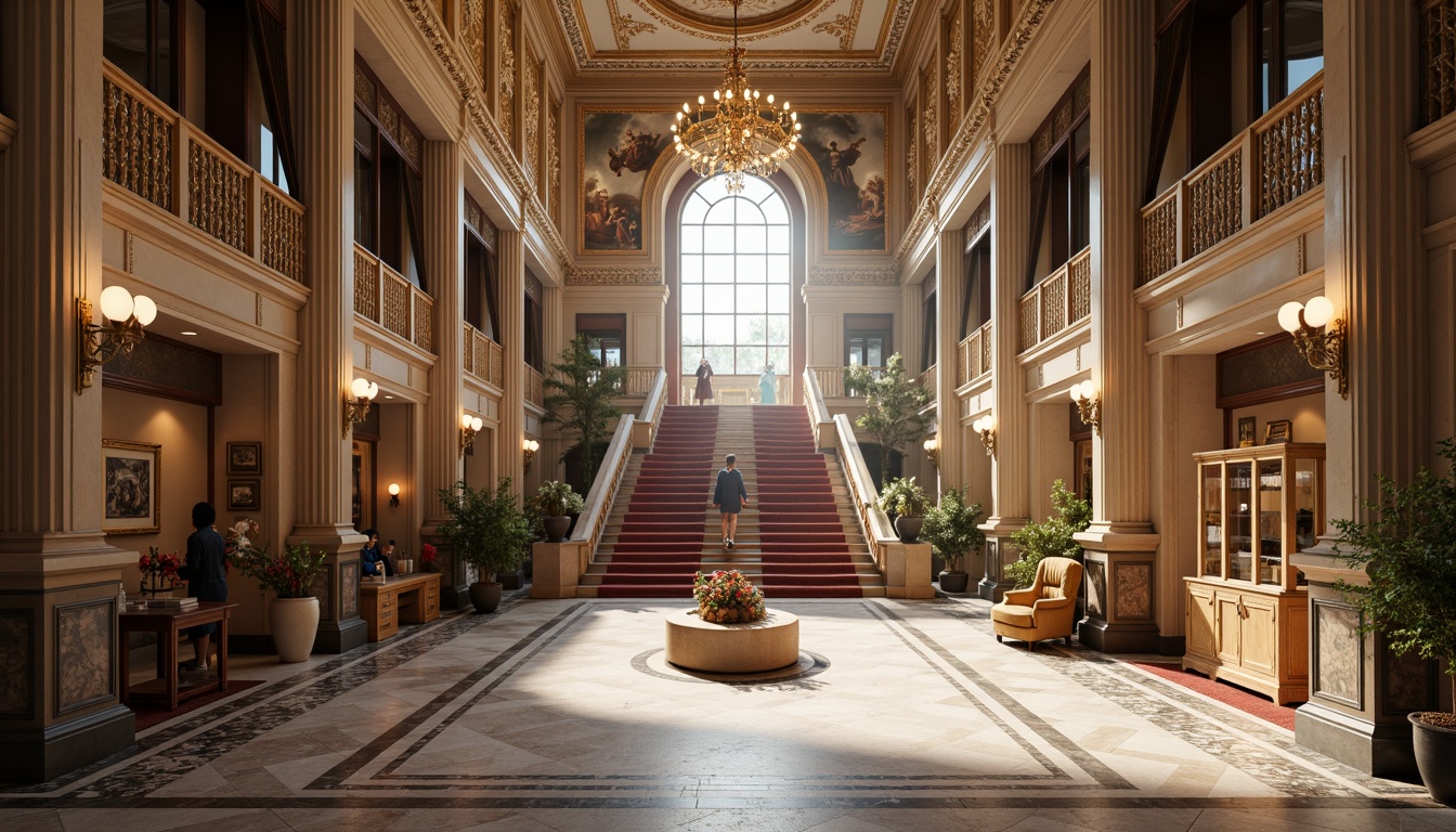 Prompt: Grandiose exhibition halls, high ceilings, ornate chandeliers, marble floors, neoclassical columns, arches, symmetrical layouts, regal staircases, lavish furnishings, golden accents, velvet drapes, intricate moldings, frescoed ceilings, crystal chandeliers, spacious foyers, natural light pouring in, soft warm lighting, shallow depth of field, 3/4 composition, panoramic view, realistic textures, ambient occlusion.