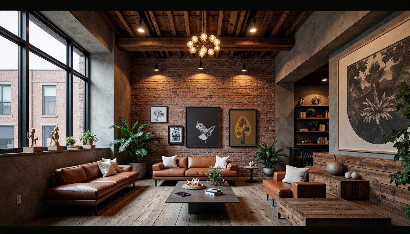 Prompt: Exposed brick walls, metal beams, reclaimed wood flooring, vintage industrial lighting, distressed leather sofas, metallic coffee tables, Edison bulb chandeliers, urban loft atmosphere, modern art pieces, concrete accents, steel window frames, eclectic decorative objects, bold color schemes, natural textiles, minimalist decor, functional shelving units, abstract sculptures, rough-hewn wooden benches, moody atmospheric lighting, cinematic composition, high contrast ratio, dramatic shadows.