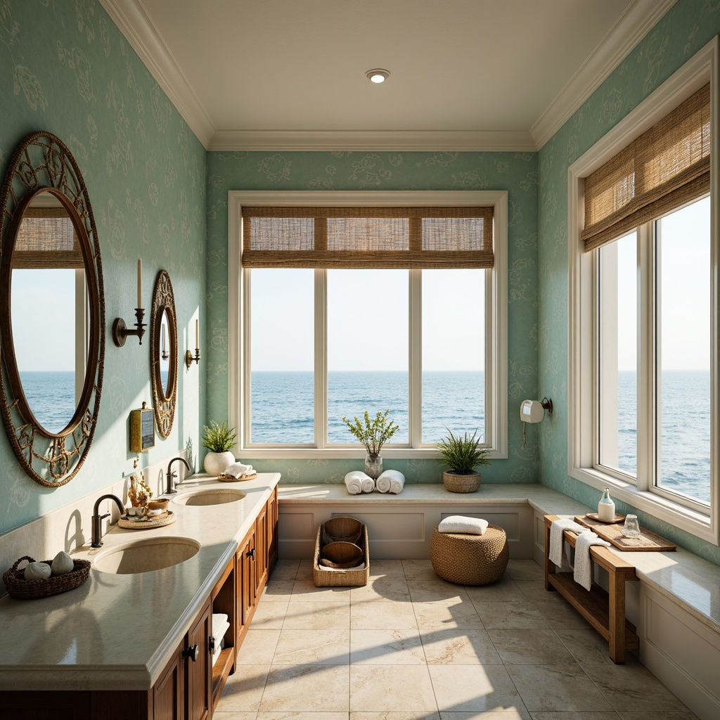 Prompt: Seaside powder room, soft ocean breeze, calming aqua hues, driftwood accents, woven sea grass textiles, shell-adorned mirrors, coastal-inspired wallpaper, elegant sconces, polished chrome fixtures, creamy marble countertops, ornate wooden cabinetry, natural stone flooring, serene ocean views, warm golden lighting, shallow depth of field, 1/1 composition, realistic reflections, ambient occlusion.