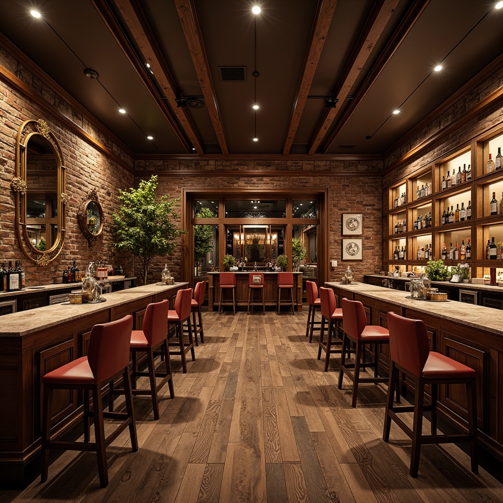 Prompt: Luxurious bar interior, rich wood textures, metallic accents, sleek countertops, ambient lighting, comfortable seating areas, rustic brick walls, distressed wooden floors, vintage decorative elements, ornate mirrors, sophisticated color palette, intimate atmosphere, warm glow, shallow depth of field, 1/2 composition, realistic render.