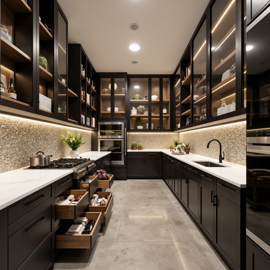 Prompt: Modern pantry interior, sleek cabinetry, high-gloss finishes, LED lighting, pull-out shelves, soft-close drawers, adjustable storage systems, modular design, minimalist aesthetic, white marble countertops, stainless steel appliances, glass-front cabinets, open shelving, industrial-chic decor, polished concrete floors, warm ambient lighting, 1/2 composition, realistic reflections, detailed textures.