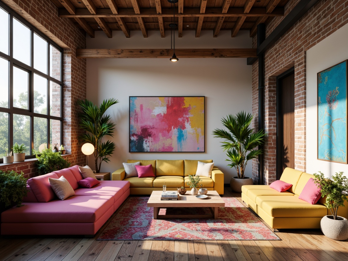 Prompt: Vibrant modern interior, sleek furniture, bold color blocking, pastel accents, minimalist decor, natural light pouring in, large windows, industrial chic, exposed brick walls, reclaimed wood floors, eclectic textiles, bohemian patterns, moody atmospheric lighting, dramatic shadows, 3/4 composition, realistic textures.