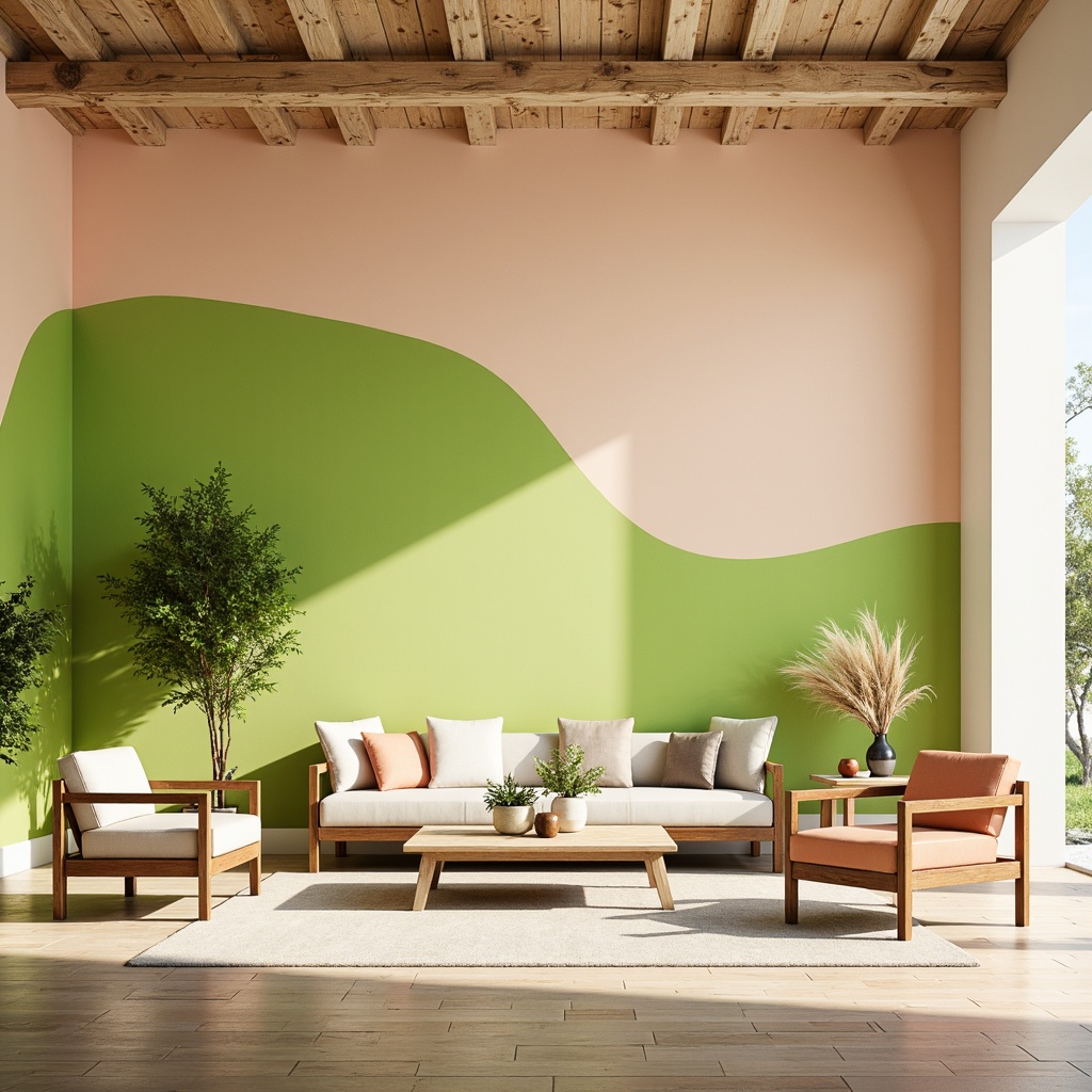 Prompt: Vibrant lime accents, pastel greenery, soft peach tones, creamy whites, warm beige backgrounds, natural wood textures, minimalist modern decor, geometric patterns, abstract art pieces, eclectic furniture designs, airy open spaces, plenty of negative space, bright sunny day, soft warm lighting, shallow depth of field, 3/4 composition, realistic textures, ambient occlusion.