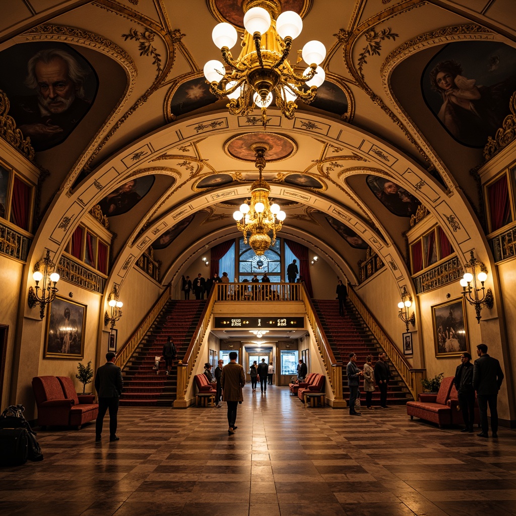 Prompt: Ornate metro station, grandiose chandeliers, warm golden lighting, intricate moldings, luxurious marble floors, ornamental metalwork, lavish frescoes, dramatic arches, sweeping staircases, opulent velvet drapes, richly patterned rugs, antique bronze fixtures, mystical lanterns, soft warm glow, high contrast ratio, dramatic shadows, 1/2 composition, symmetrical framing, cinematic atmosphere, realistic reflections.