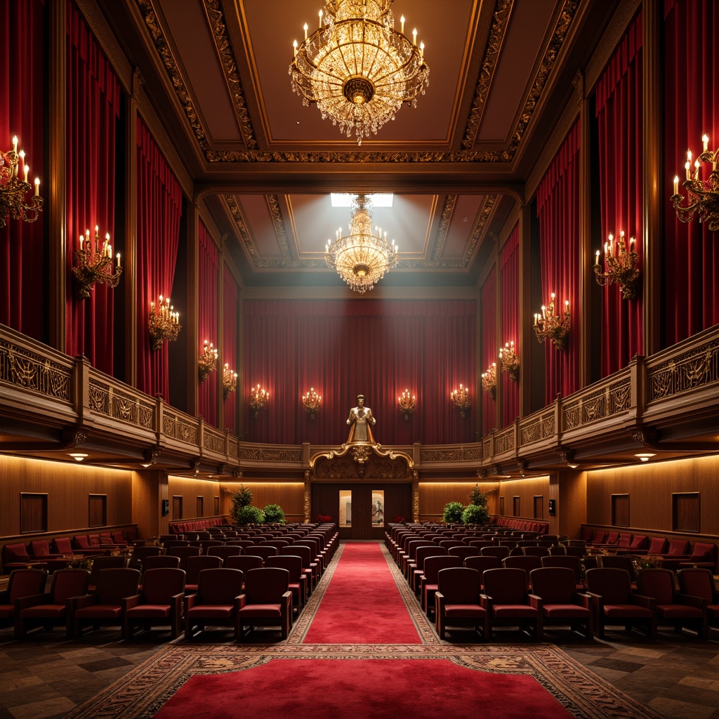 Prompt: Rich velvet drapes, ornate golden frames, luxurious red carpet, crystal chandeliers, neoclassical columns, intricate moldings, lavish balconies, opulent box seats, majestic stage curtains, dramatic spotlighting, soft warm glow, 1/1 composition, symmetrical architecture, elegant typography, subtle gradient effects, realistic fabric textures, ambient lighting.