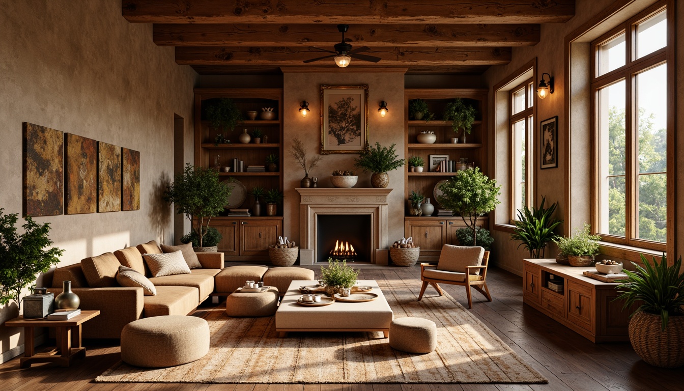 Prompt: Warm earthy tones, natural materials, rustic wooden accents, exposed beam ceiling, reclaimed wood paneling, hand-scraped wooden planks, vintage metal hardware, distressed finishes, tactile textures, organic patterns, botanical motifs, warm golden lighting, soft shadows, 1/1 composition, intimate atmosphere, cozy nooks, plush furnishings, nature-inspired color palette, earthy scent, craftsman-style built-in cabinetry, decorative trims, ornate details, artisanal craftsmanship.