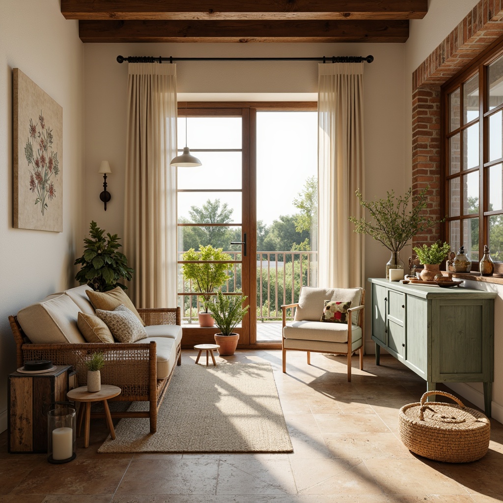 Prompt: Rustic farmhouse, soft cream walls, warm beige floors, distressed wood furniture, vintage metal accents, floral patterns, subtle stripes, earthy terracotta pots, lush greenery, natural fabrics, linen drapes, soft golden lighting, warm candle glow, shallow depth of field, 1/1 composition, realistic textures, ambient occlusion.